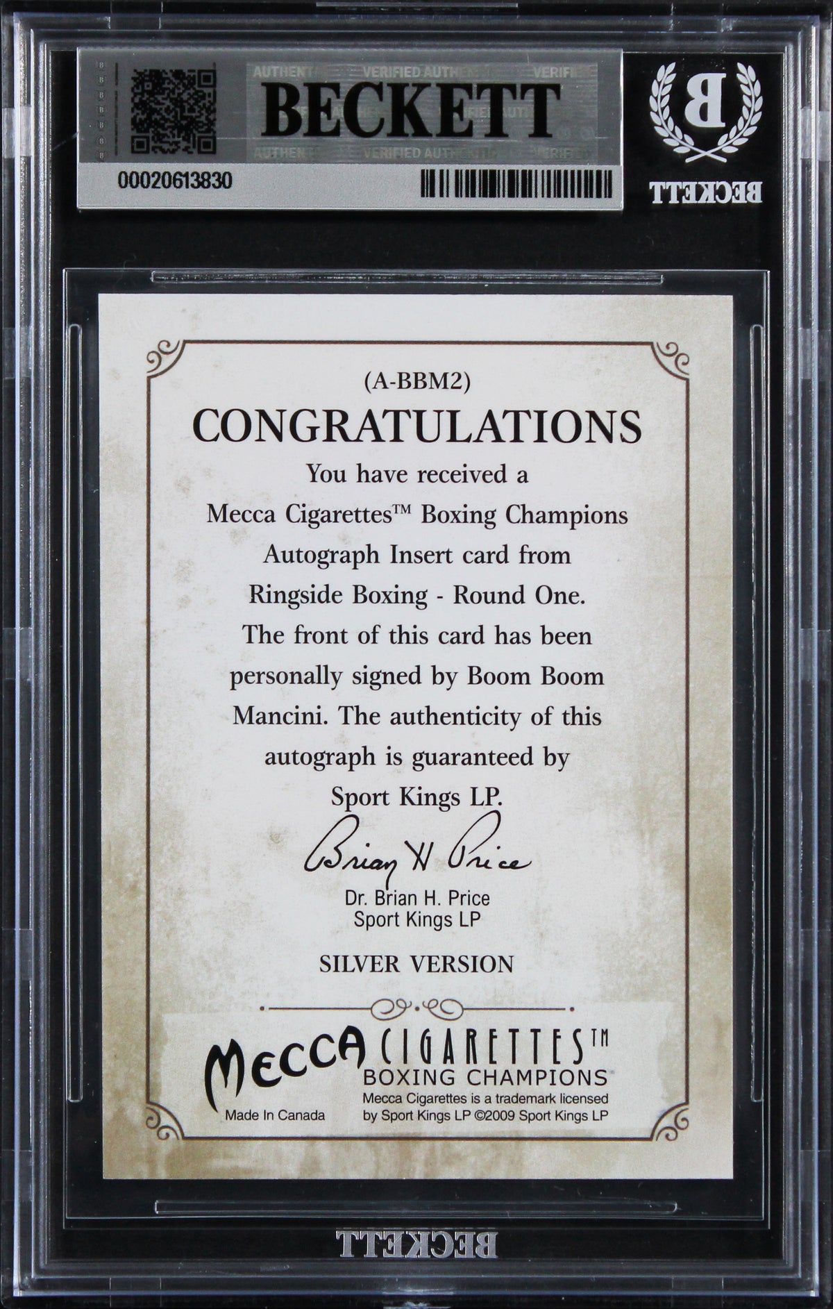 Ray Mancini Signed 2010 Ringside Boxing Round One Autos #ABBM2 Card BAS Slabbed