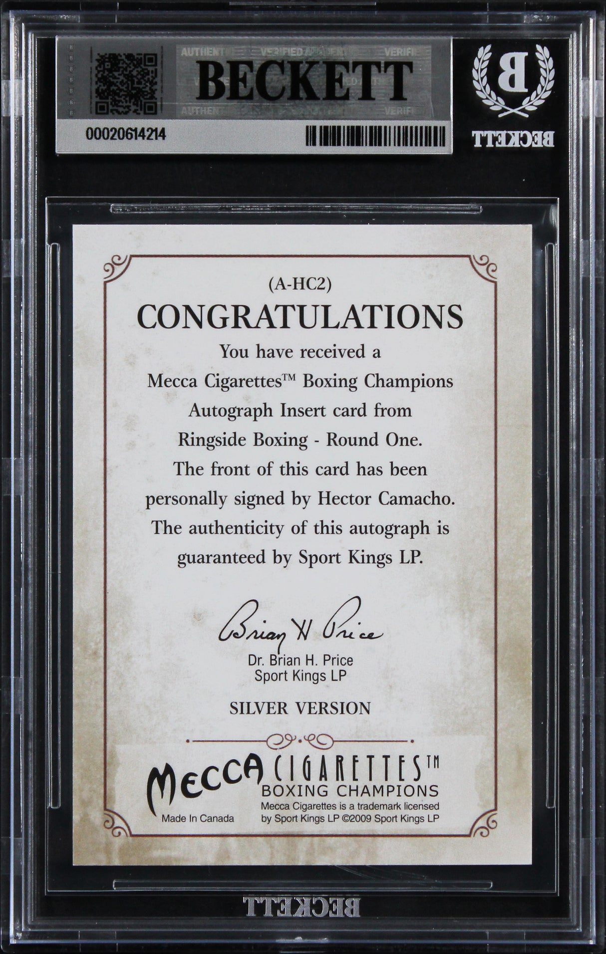 Hector Camacho Signed 2010 Ringside Boxing Round One Autos #AHC2 Card BAS Slab