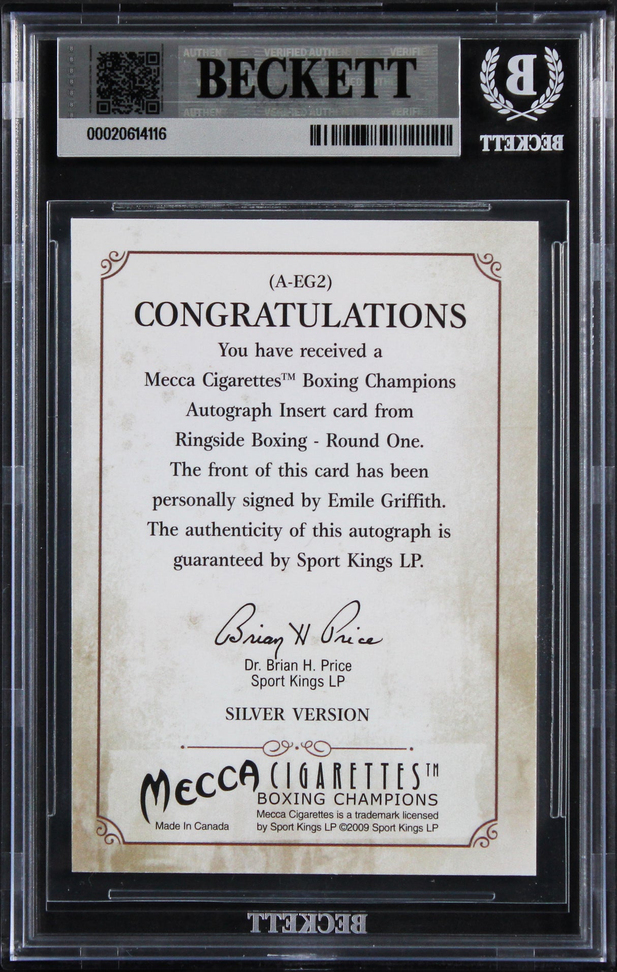 Emile Griffith Signed 2010 Ringside Boxing Round One Auto #AEG2 Card BAS Slabbed