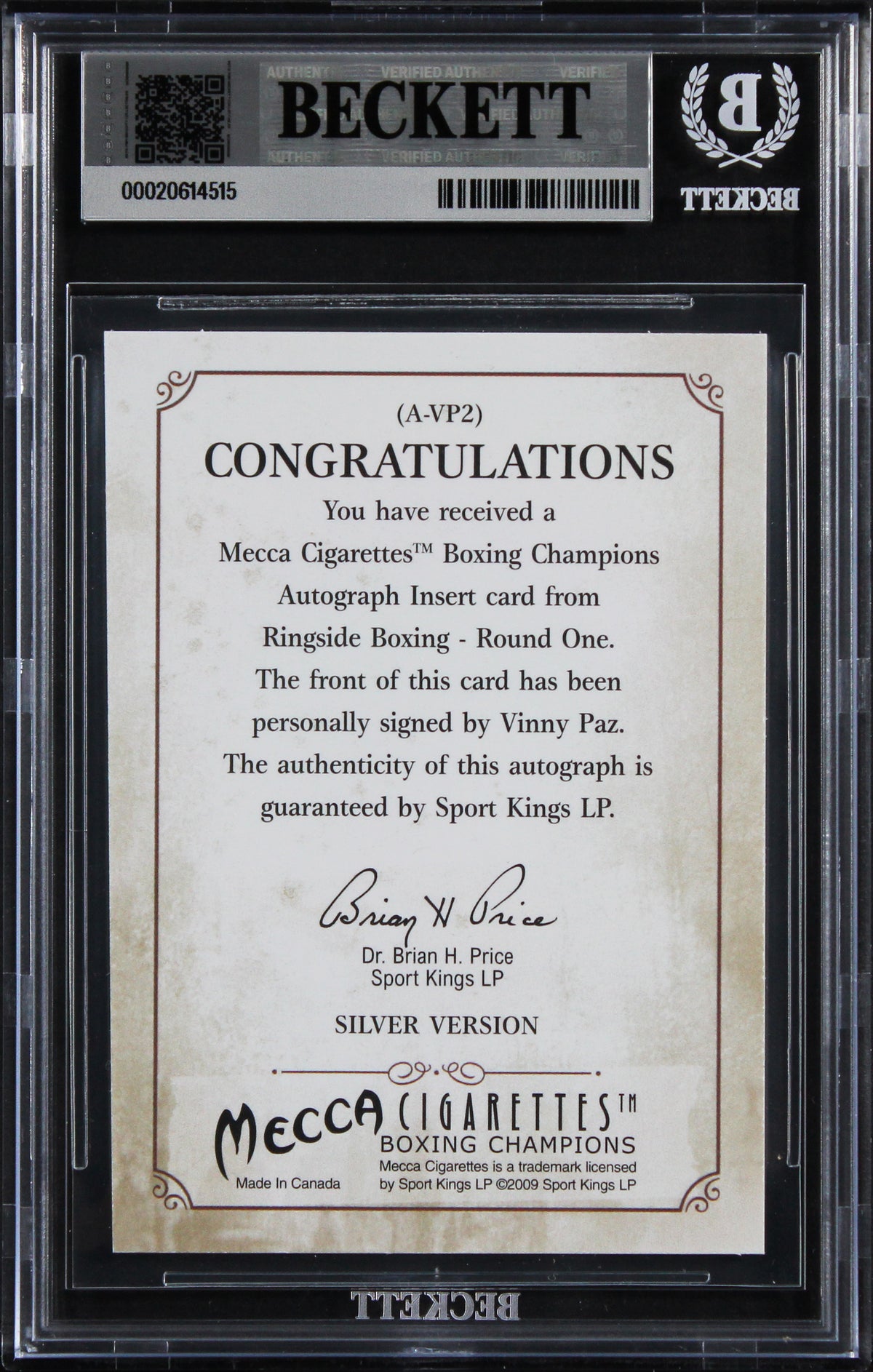 Vinny Pazienza Signed 2010 Ringside Boxing Round One Auto #AVP2 Card BAS Slabbed