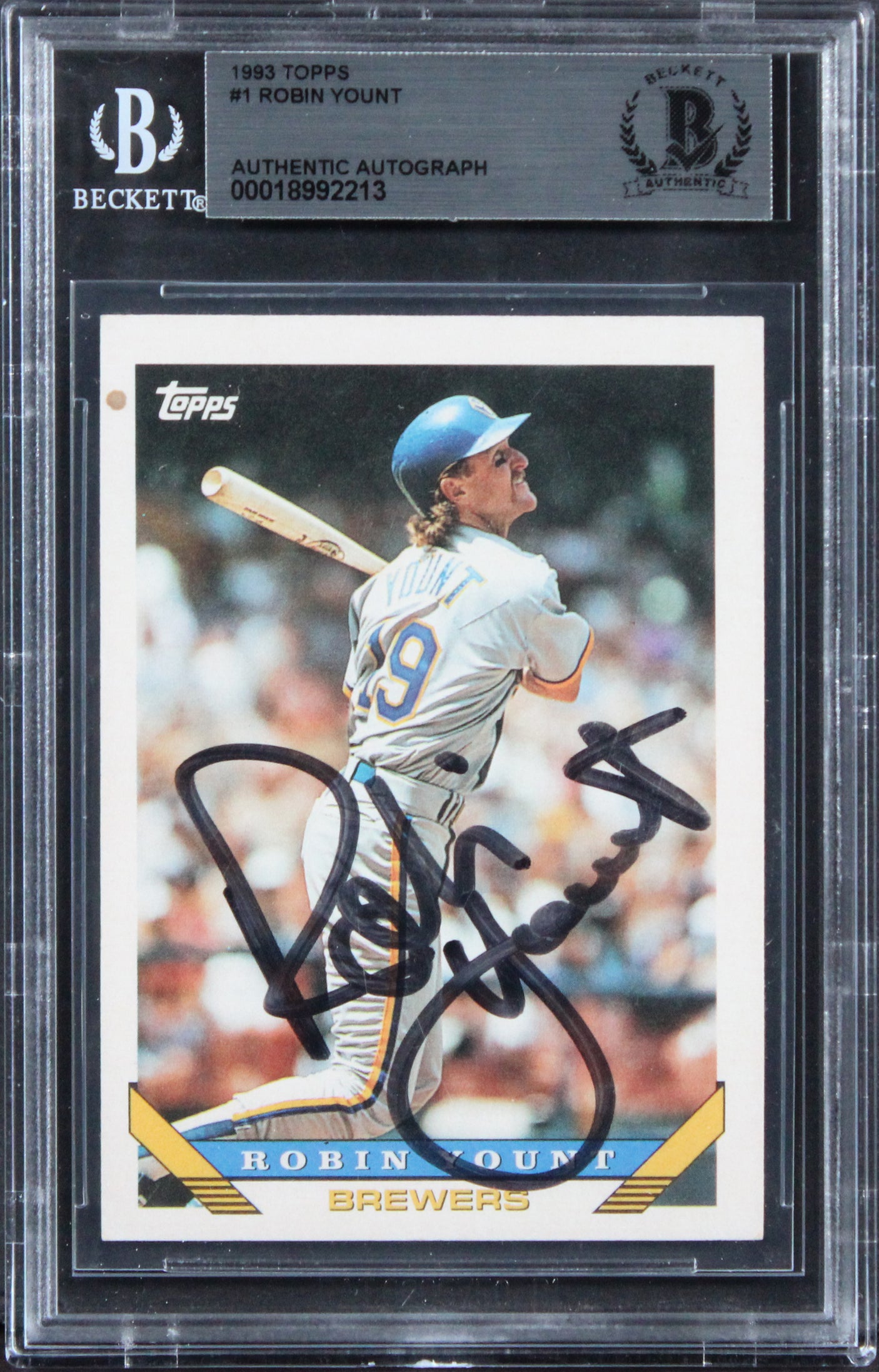 Brewers Robin Yount Authentic 1993 Topps #1 Card Autographed BAS Slabbed