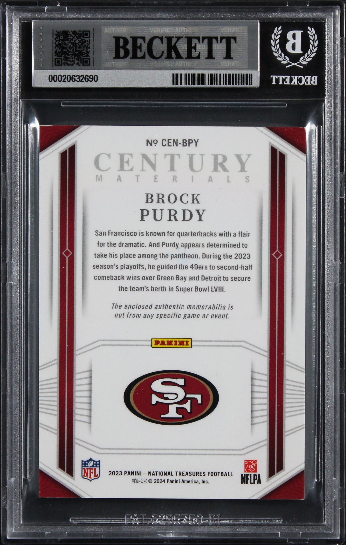 49ers Brock Purdy Signed 2023 National Treasures #13 36/49 Card Auto 10 BAS Slab