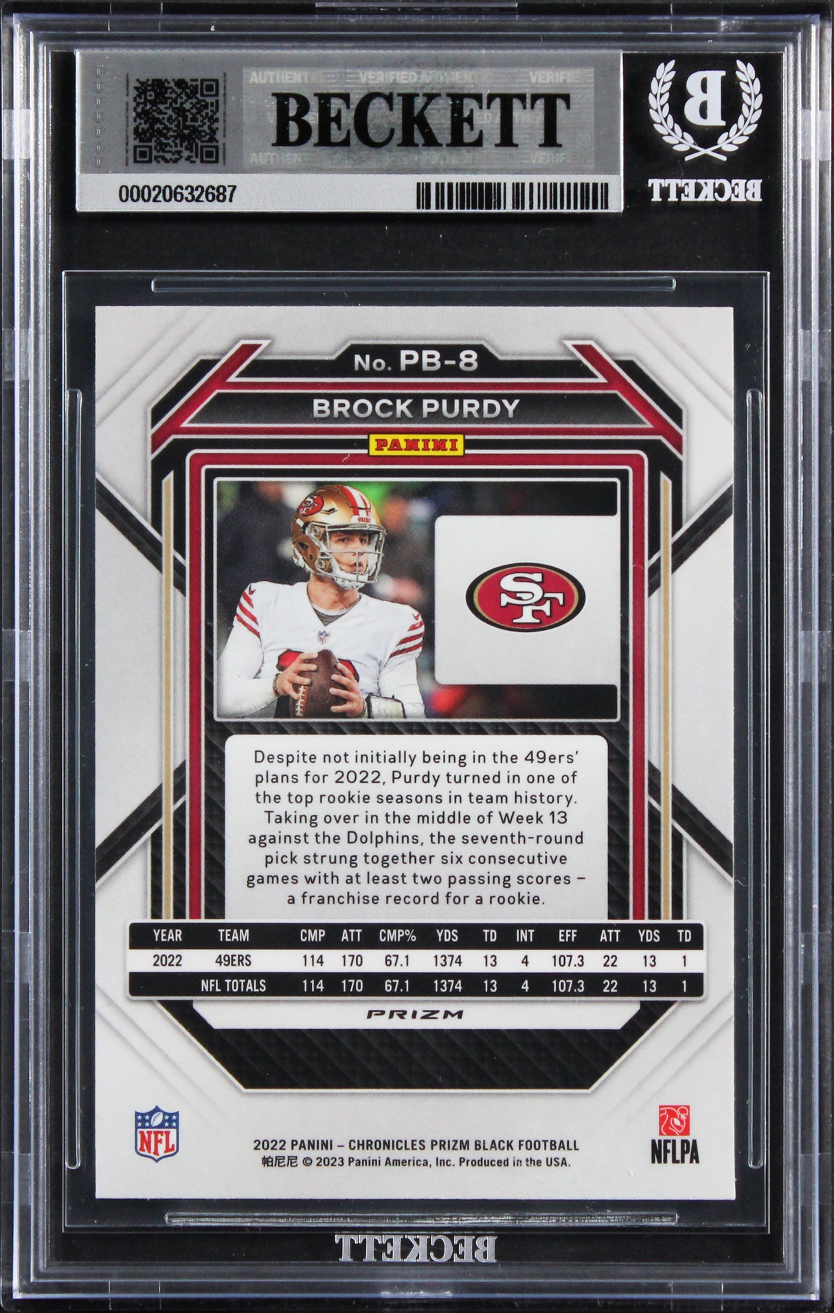 49ers Brock Purdy Signed 2022 Chronicles Prizm Black #8 RC Card Auto 10 BAS Slab