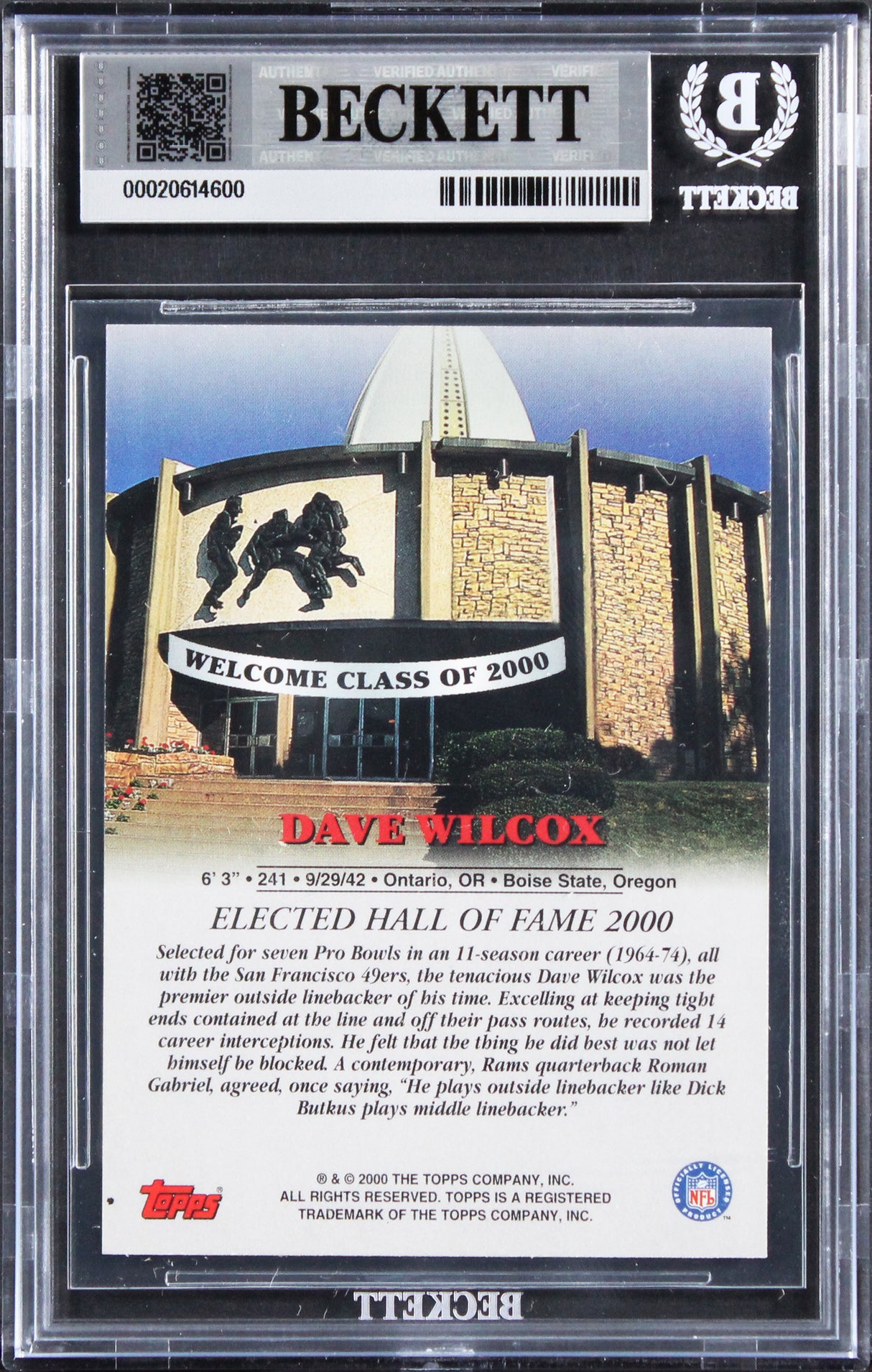 49ers Dave Wilcox Signed 2000 Topps Hall Of Fame Class Of 2000 Card BAS Slab 3