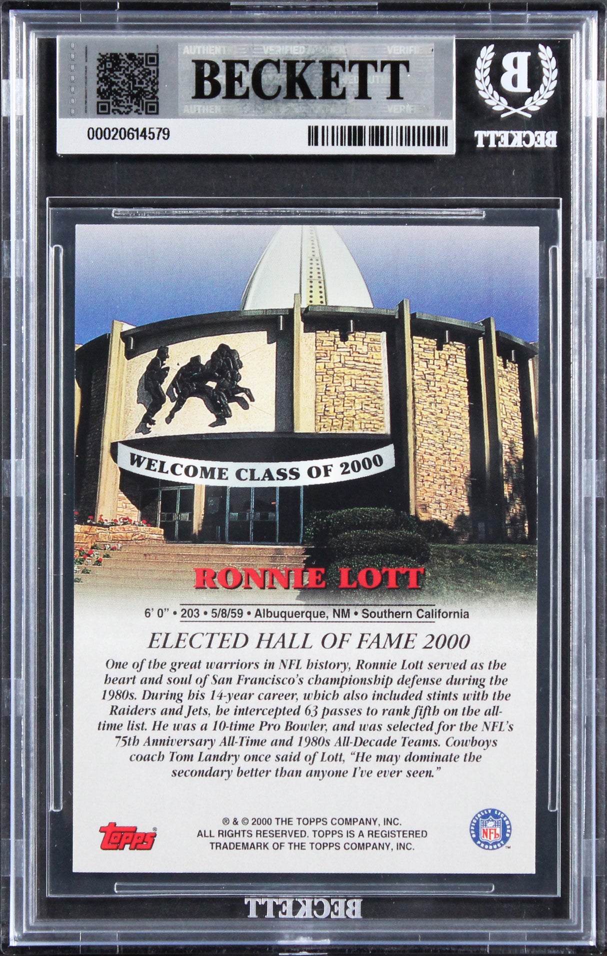 49ers Ronnie Lott Signed 2000 Topps Hall Of Fame Class Of 2000 Card BAS Slabbed