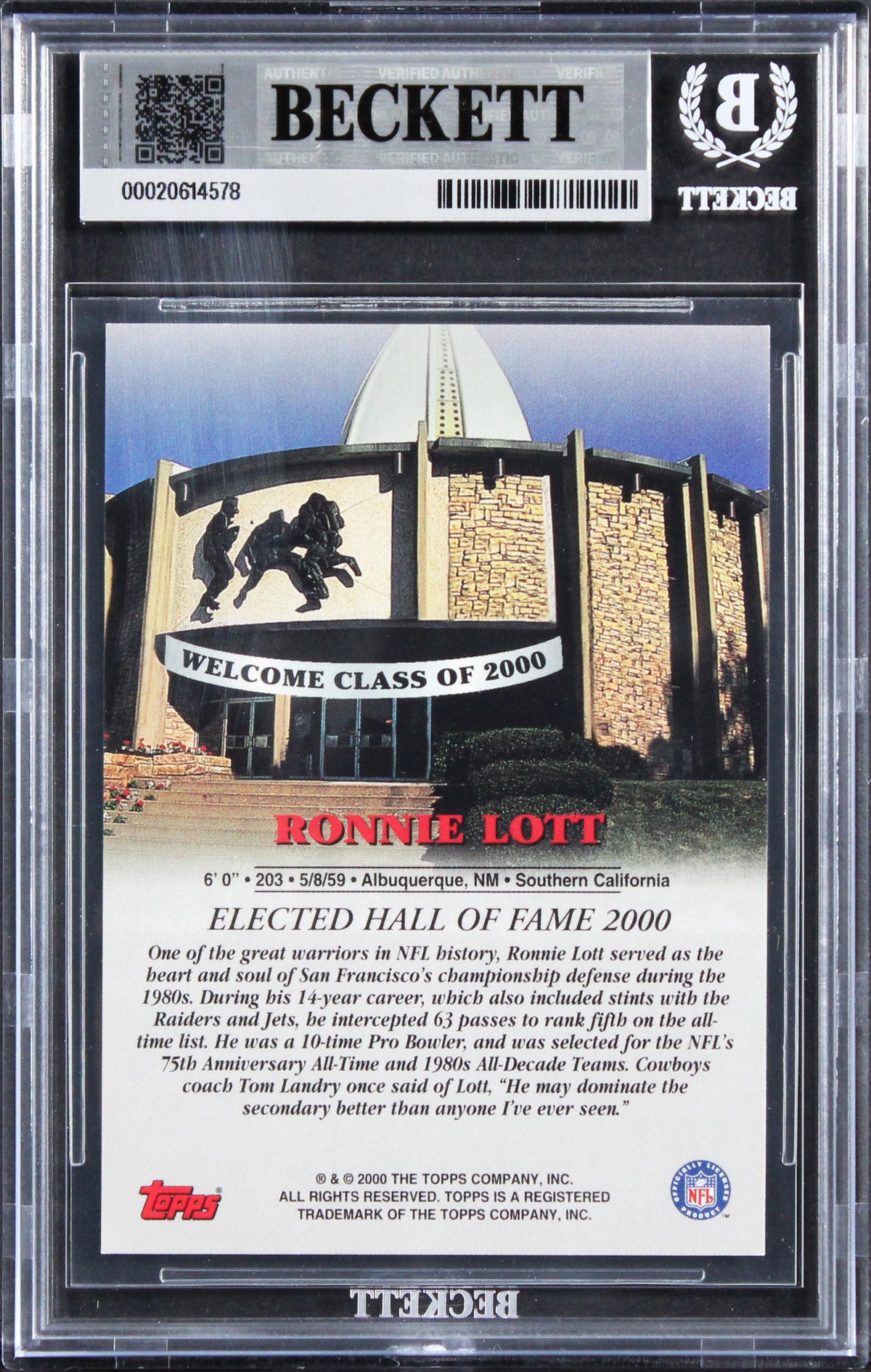 49ers Ronnie Lott Signed 2000 Topps Hall Of Fame Class Of 2000 Card BAS Slab 3