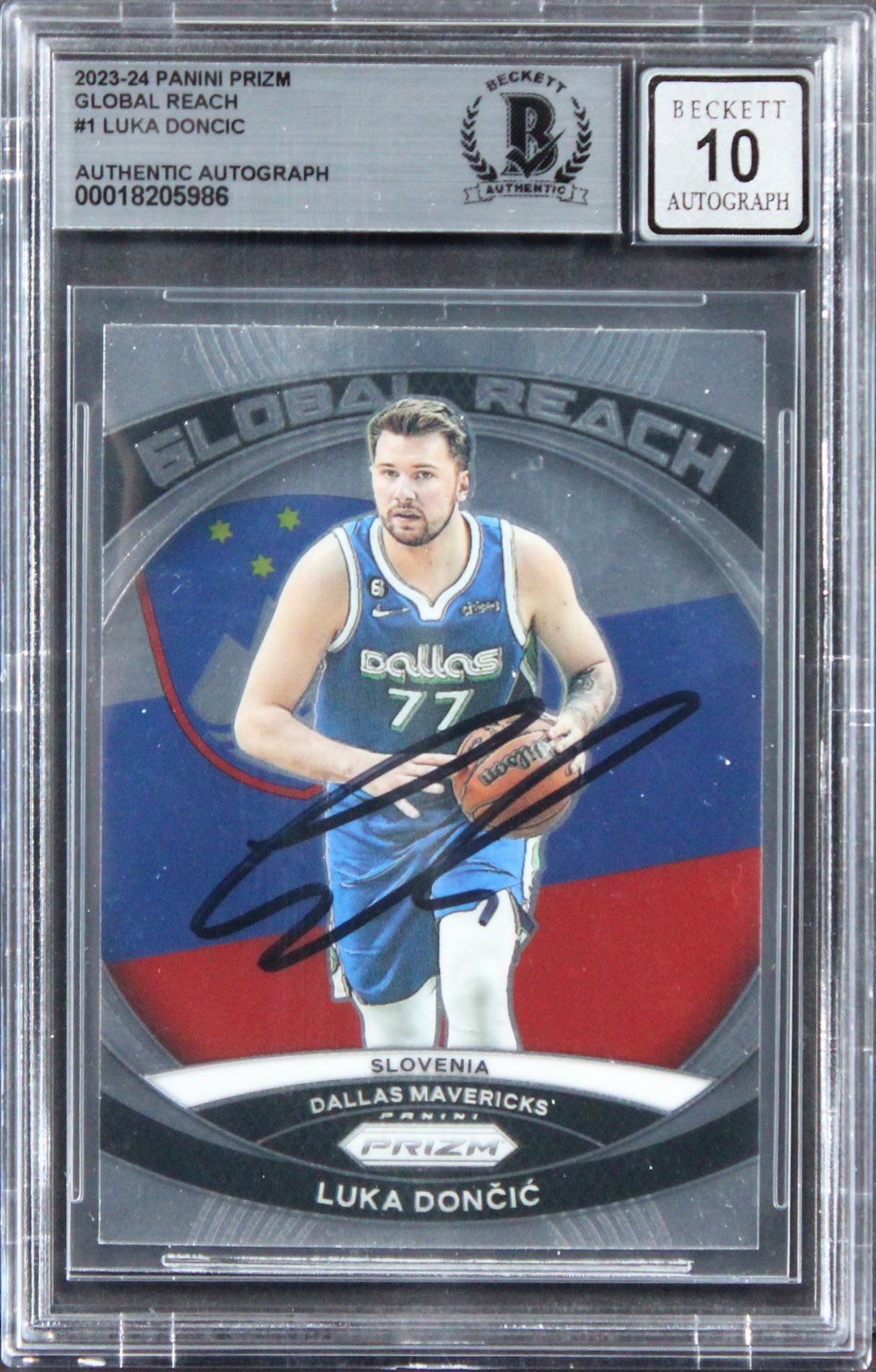 Mavericks Luka Doncic Signed 2023 Panini Prizm Global Reach #1 Card BAS Slabbed