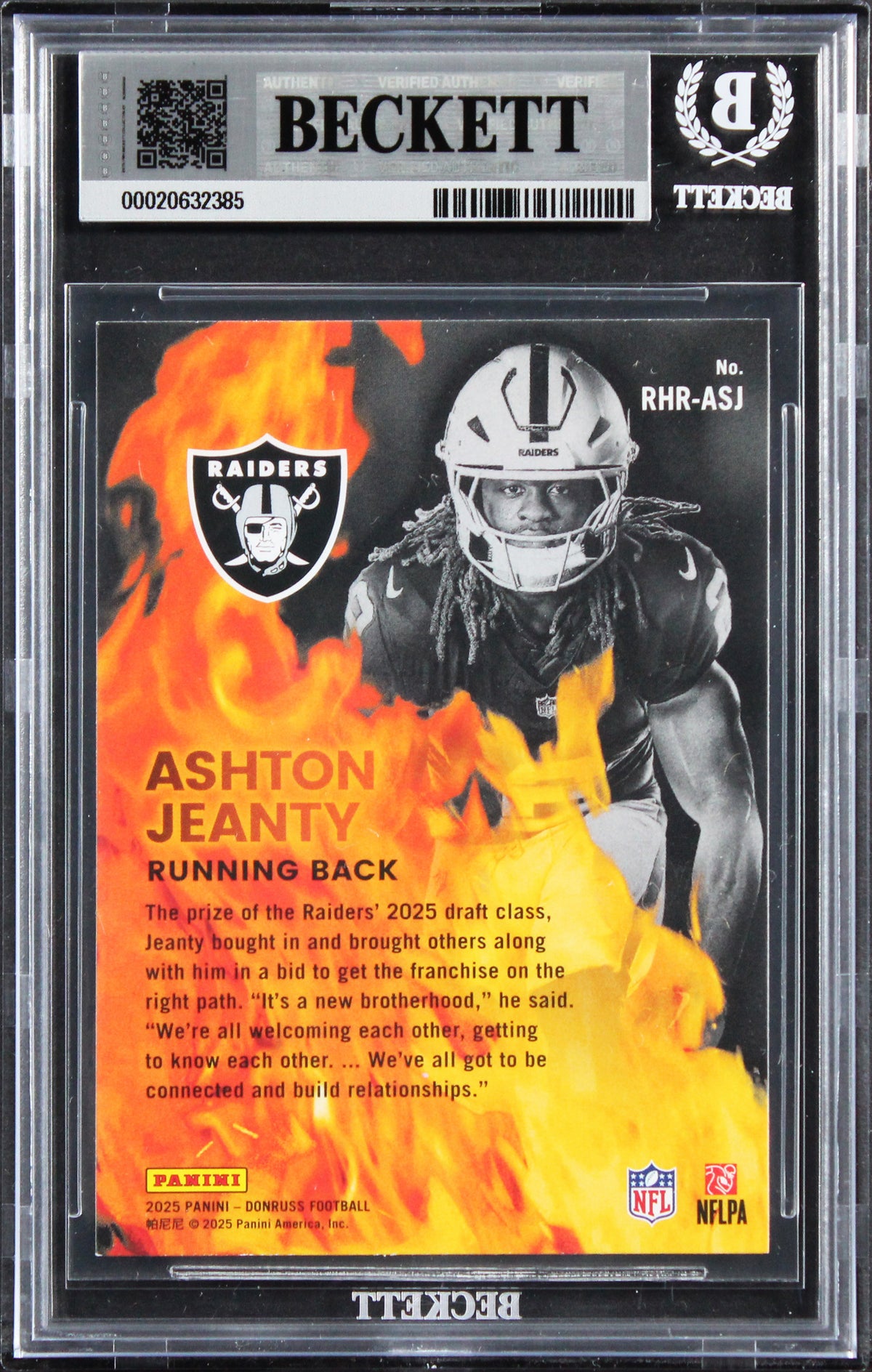 Raiders Ashton Jeanty Signed 2025 Donruss Red Hot #8 RC Card Auto 10! BAS Slab