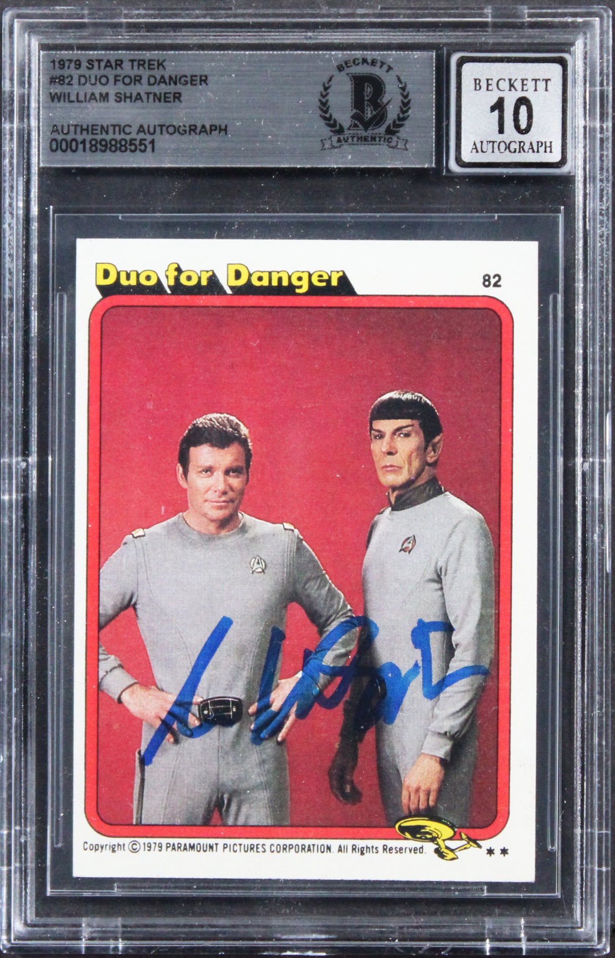 William Shatner Signed 1979 Star Trek #82 Duo For Danger Card Auto 10! BAS Slab