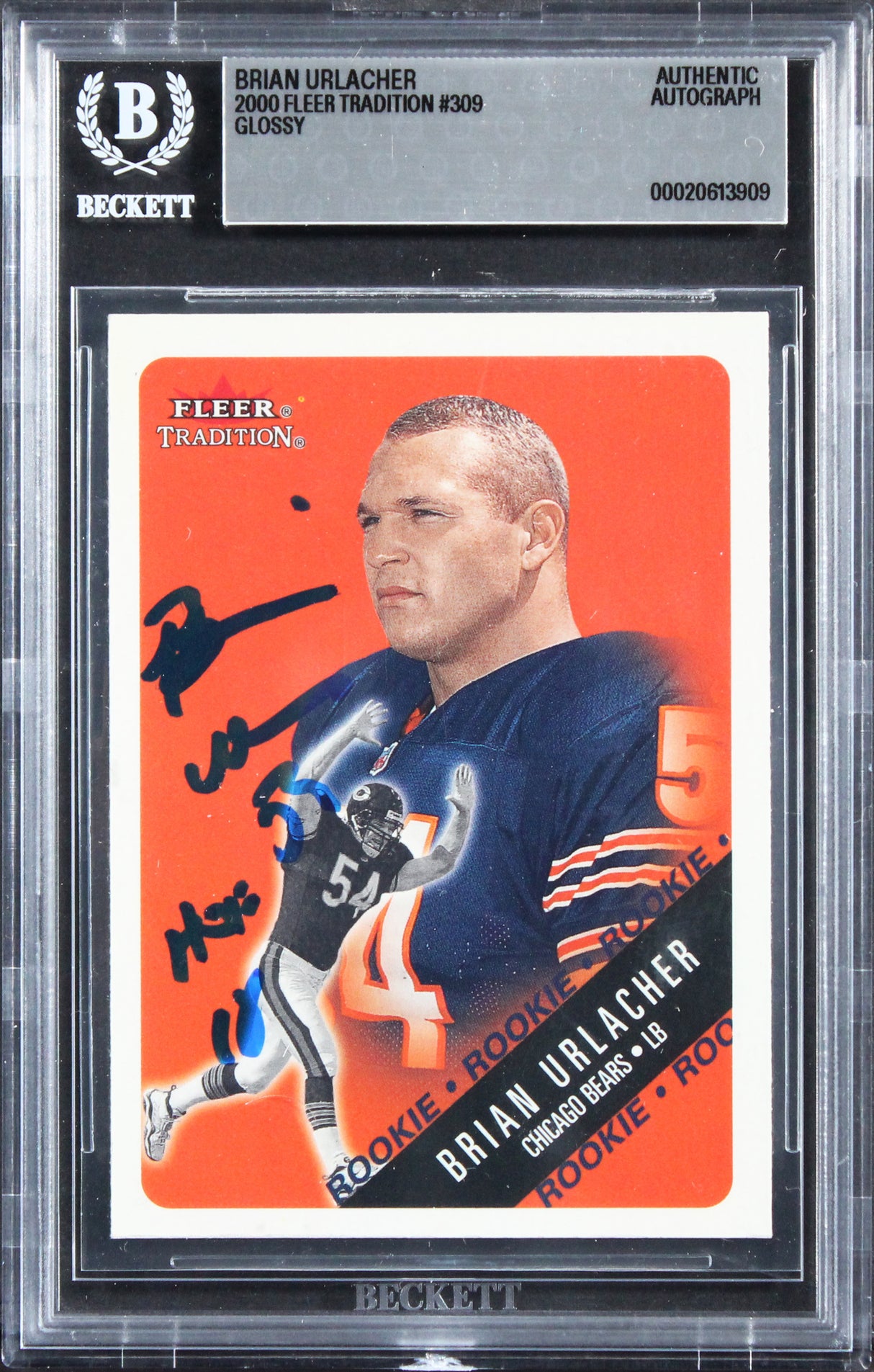 Bears Brian Urlacher "HOF 18" Signed 2000 Fleer Glossy #309 Rookie Card BAS Slab