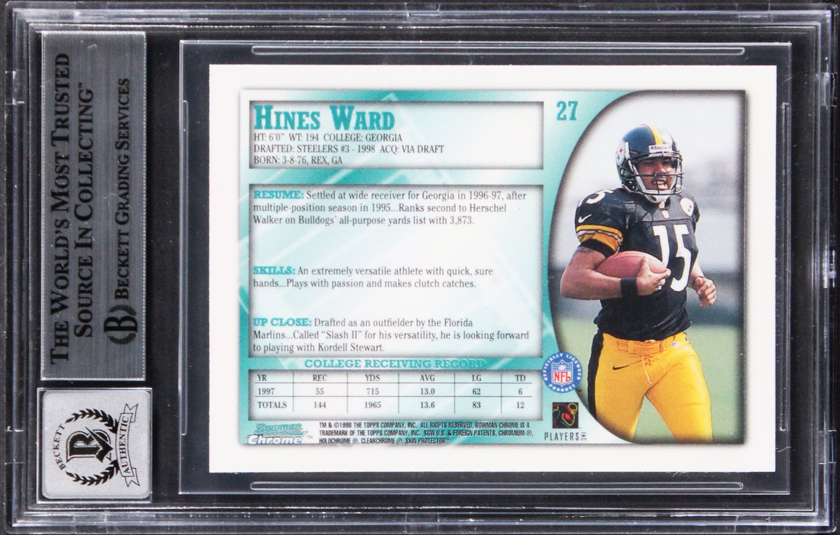 Steelers Hines Ward Signed 1998 Bowman Chrome #27 Rookie Card Auto 10! BAS Slab
