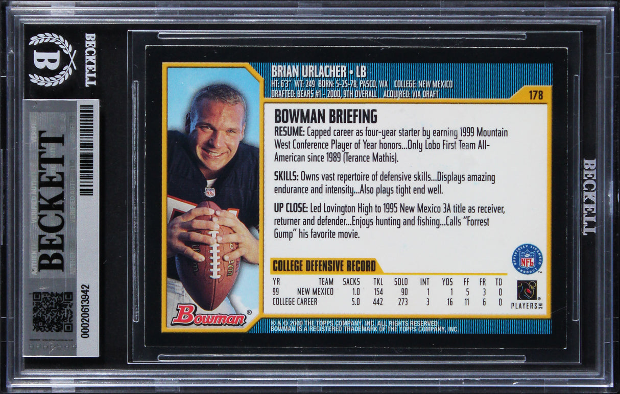 Bears Brian Urlacher "HOF 18" Signed 2000 Bowman #178 Rookie Card BAS Slabbed