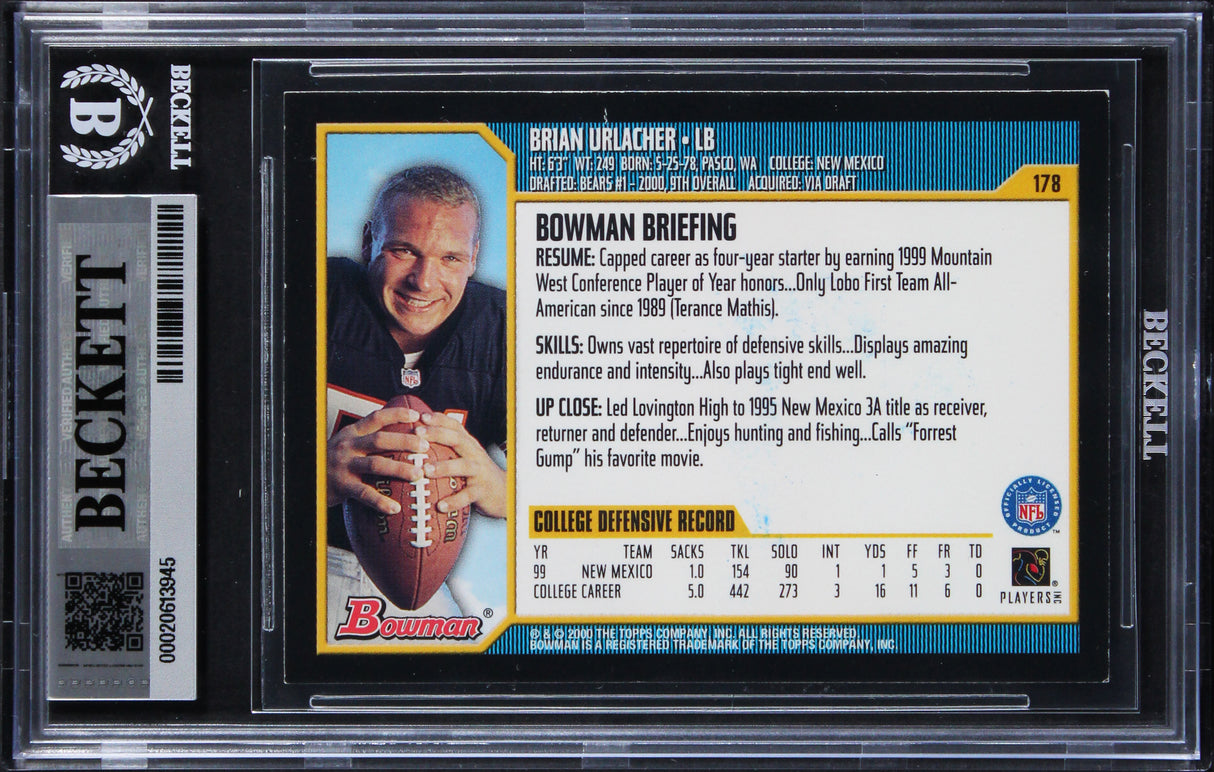 Bears Brian Urlacher "HOF 18" Signed 2000 Bowman #178 Rookie Card BAS Slabbed 4