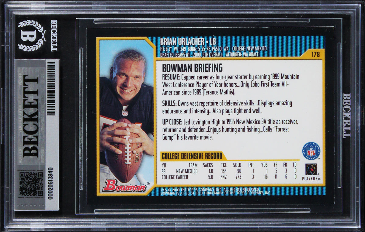 Bears Brian Urlacher "HOF 18" Signed 2000 Bowman #178 Rookie Card BAS Slabbed 5