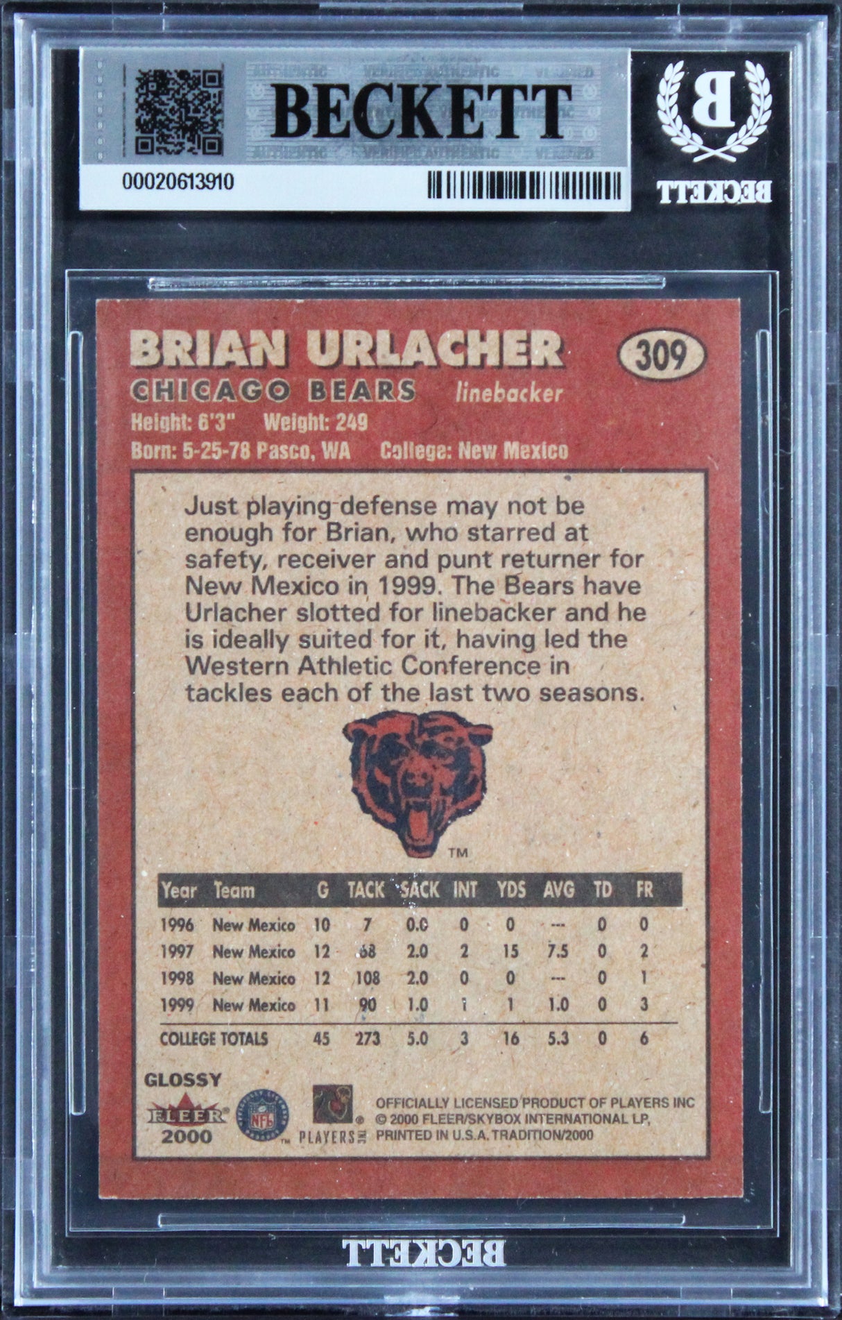 Bears Brian Urlacher "HOF 18" Signed 2000 Fleer Glossy #309 RC Card BAS Slab 2