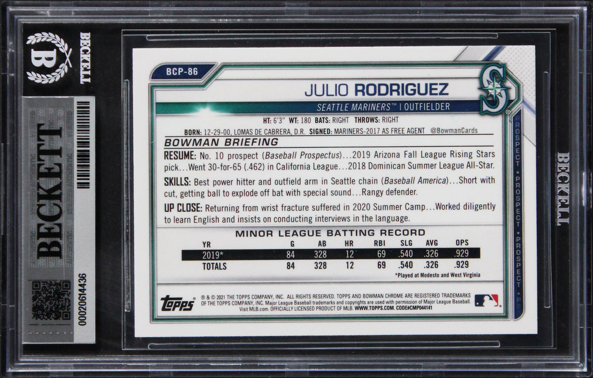 Mariners Julio Rodriguez Signed 2021 Bowman Chrome Prospects #7 Card BAS Slabbed