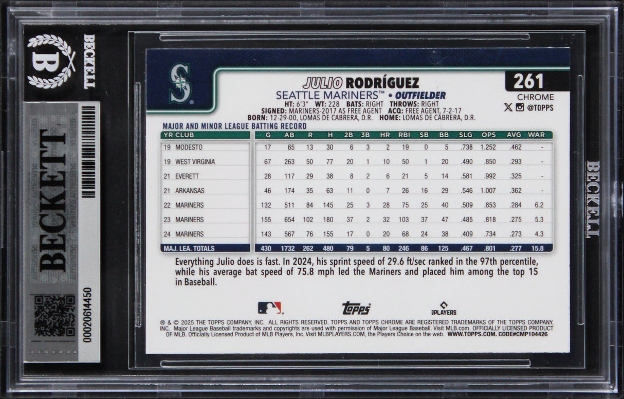Mariners Julio Rodriguez Signed 2025 Topps Chrome Refractors #261 Card BAS Slab