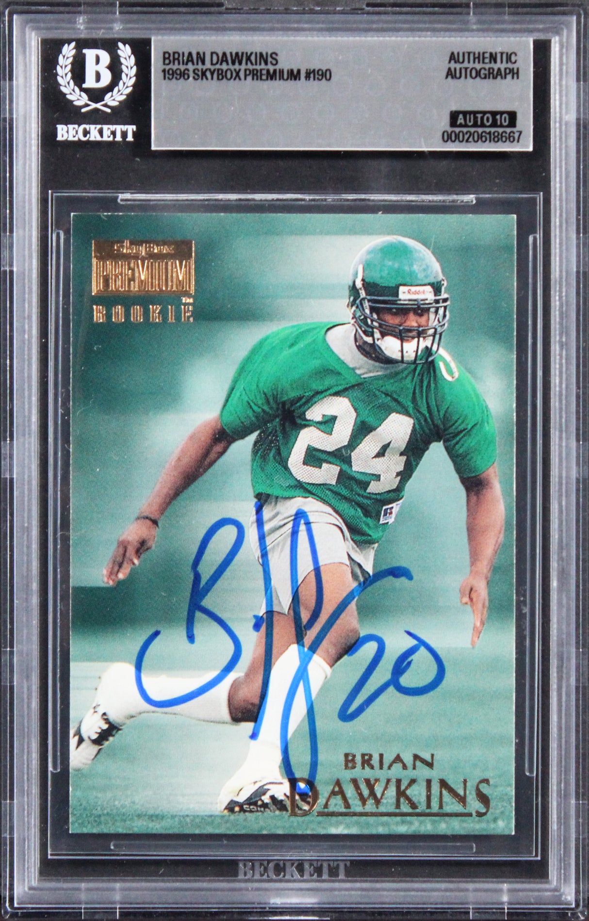 Eagles Brian Dawkins Signed 1996 Skybox Premium #190 RC Card Auto 10! BAS Slab