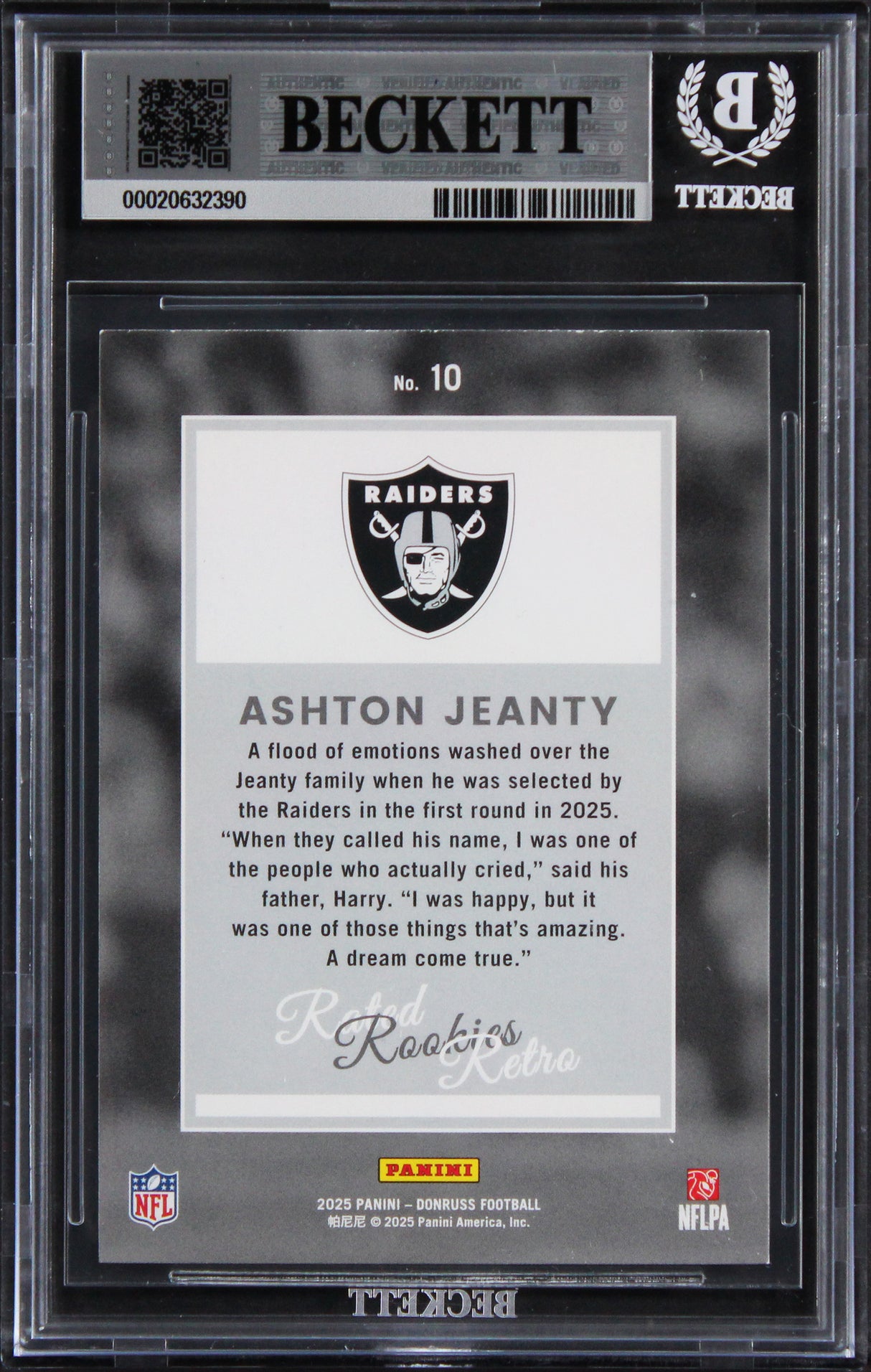 Raiders Ashton Jeanty Signed 2025 Donruss #10 Rookie Card Auto 10! BAS Slabbed
