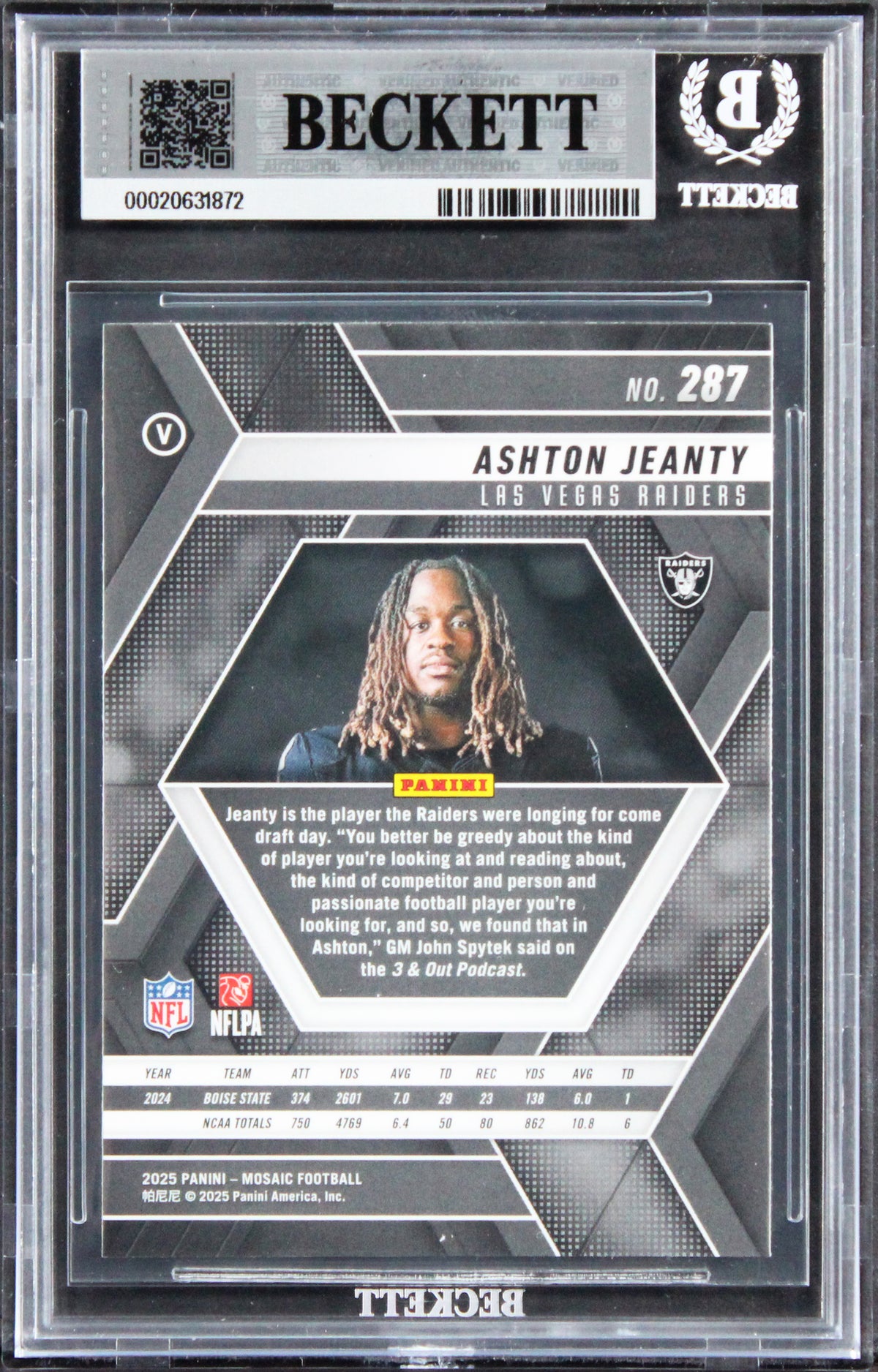 Raiders Ashton Jeanty Signed 2025 Panini Mosaic #287 RC Card Auto 10! BAS Slab