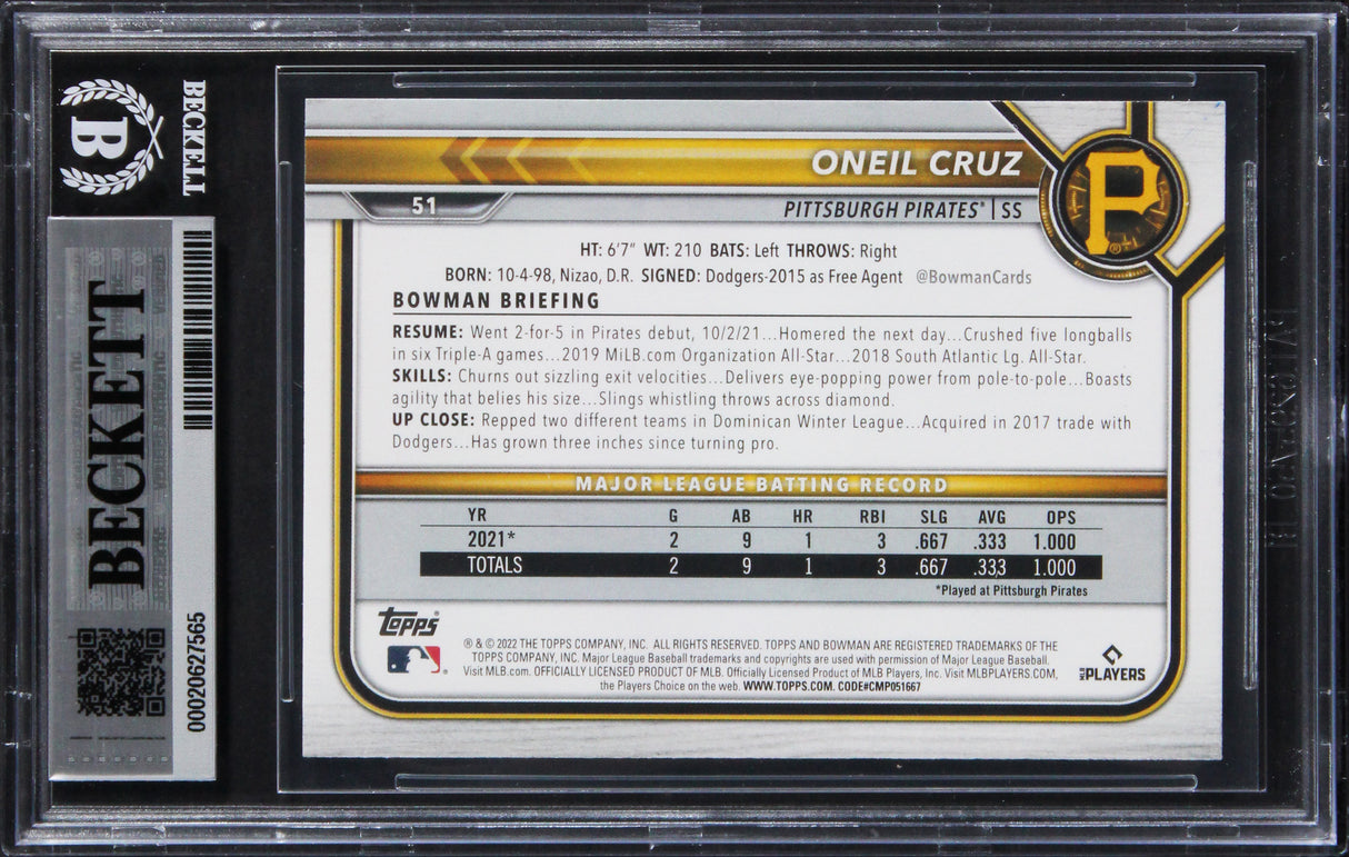Pirates Oneil Cruz Signed 2022 Bowman #51 Rookie Card Auto GM 10! BAS Slabbed