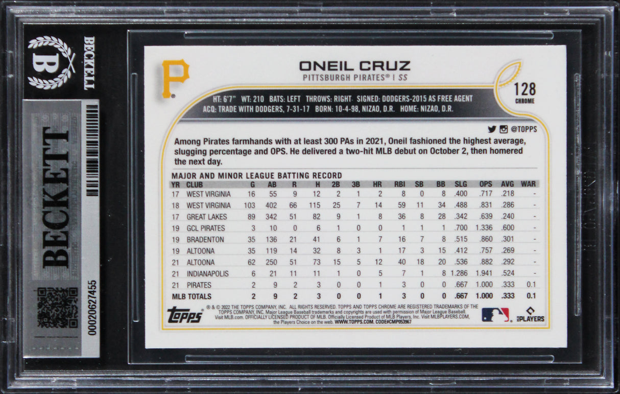 Pirates Oneil Cruz Signed 2022 Topps Chrome #128 Rookie Card Auto 10! BAS Slab