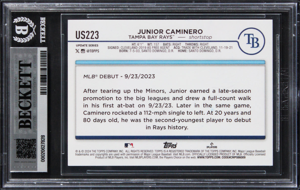 Rays Junior Caminero Signed 2024 Topps Update #US223 RC Card Auto 10! BAS Slab