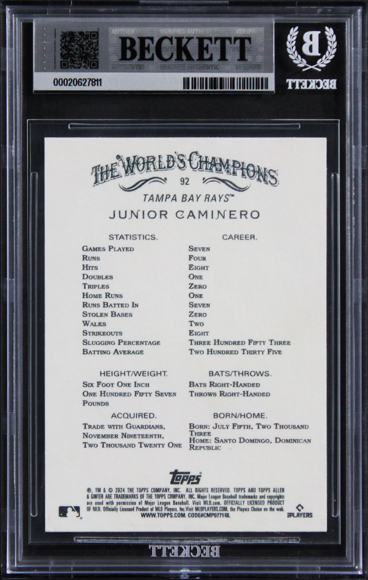 Rays Junior Caminero Signed 2024 Topps A&G #92 Rookie Card Auto 10! BAS Slabbed