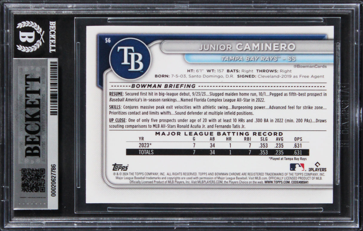 Rays Junior Caminero Signed 2024 Bowman Chrome #56 Rookie Card Auto 10! BAS Slab