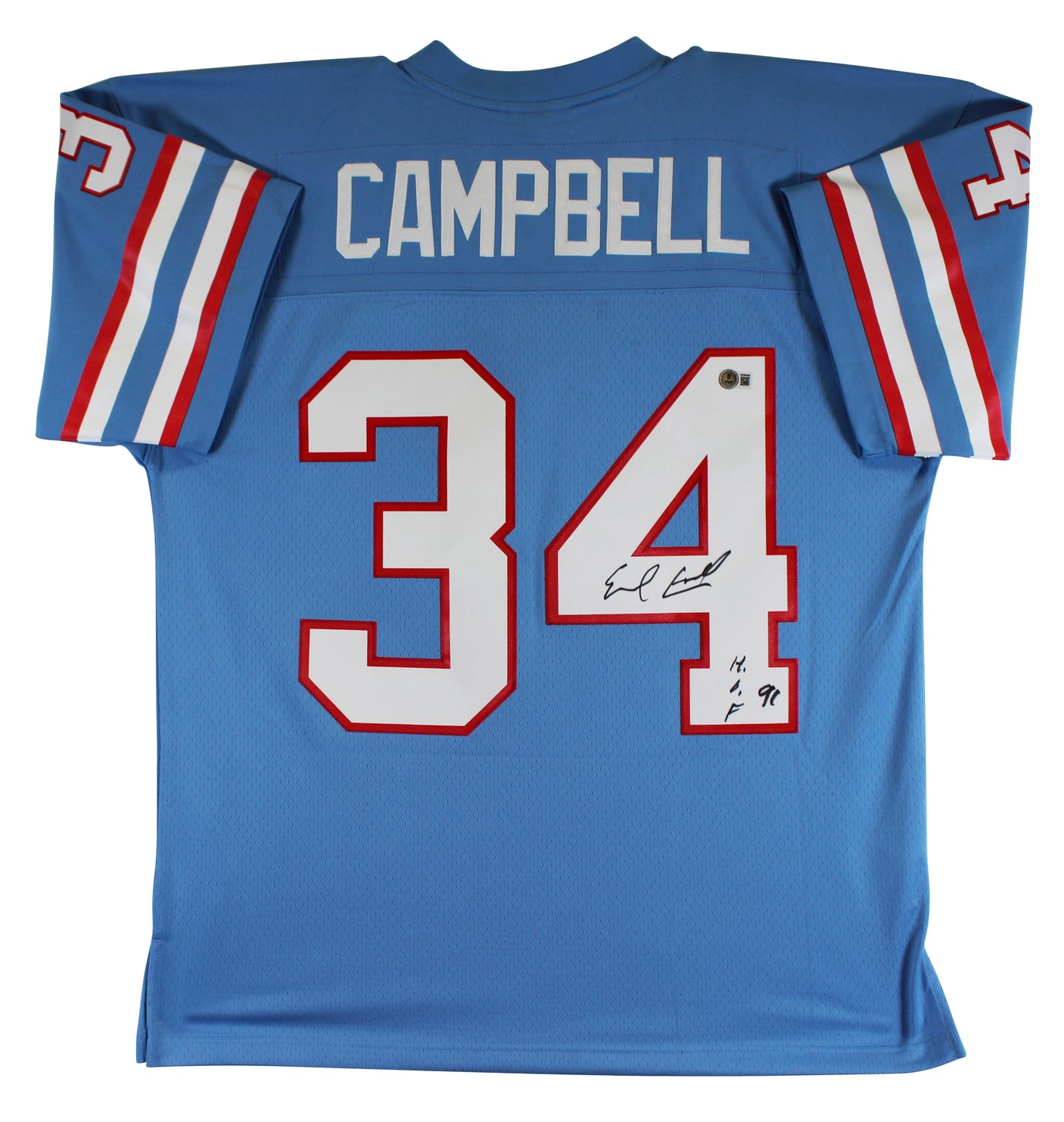 Oilers Earl Campbell "HOF 91" Signed Light Blue M&N Throwback Jersey BAS Witness