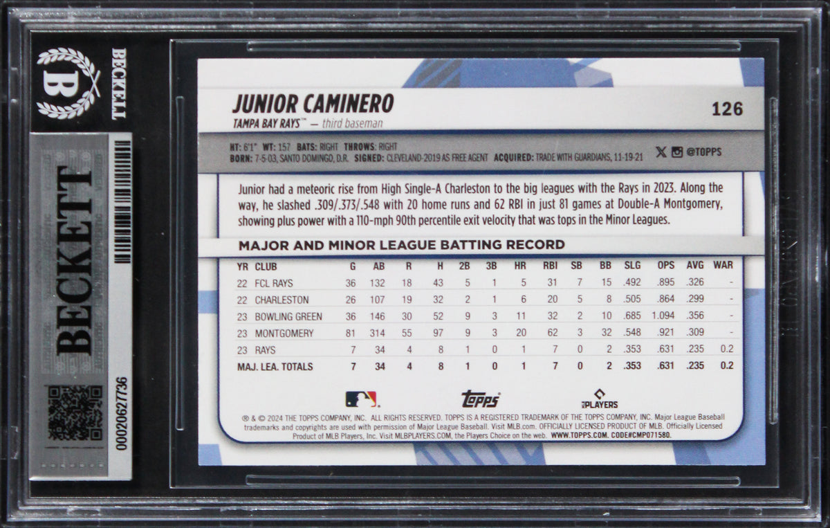 Rays Junior Caminero Signed 2024 Topps Big League #126 RC Card Auto 10! BAS Slab
