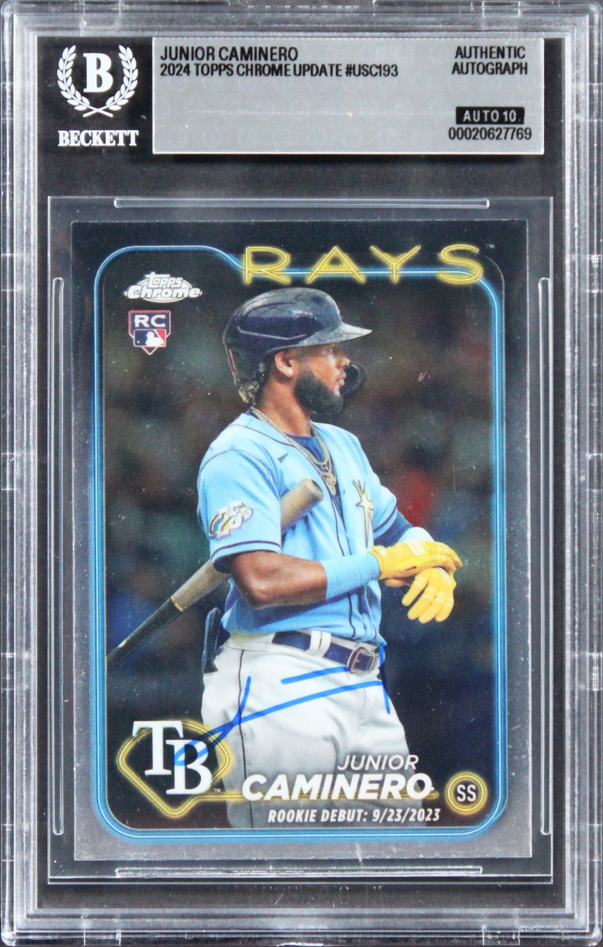 Rays Junior Caminero Signed 2024 Topps #USC193 Rookie Card Auto 10! BAS Slabbed