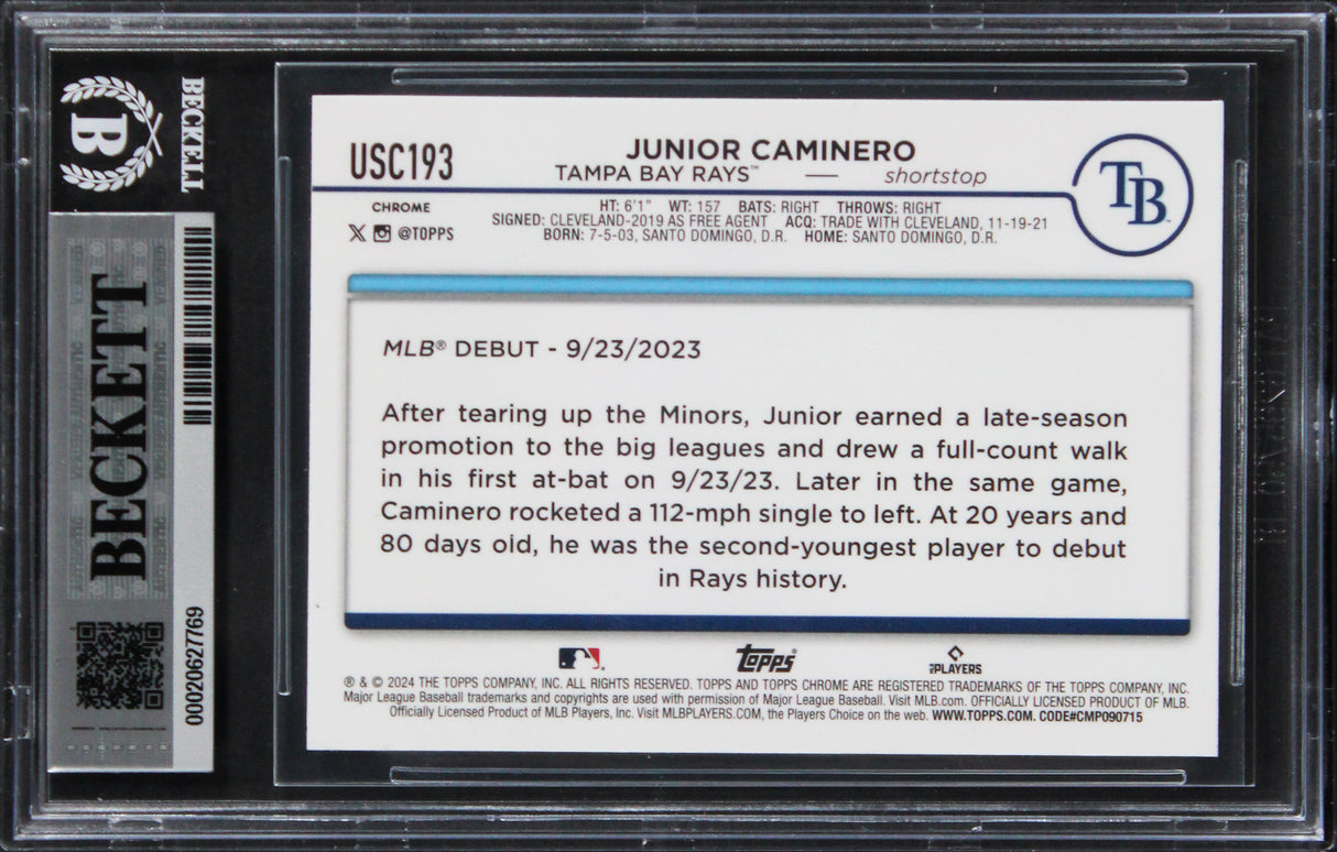 Rays Junior Caminero Signed 2024 Topps #USC193 Rookie Card Auto 10! BAS Slabbed