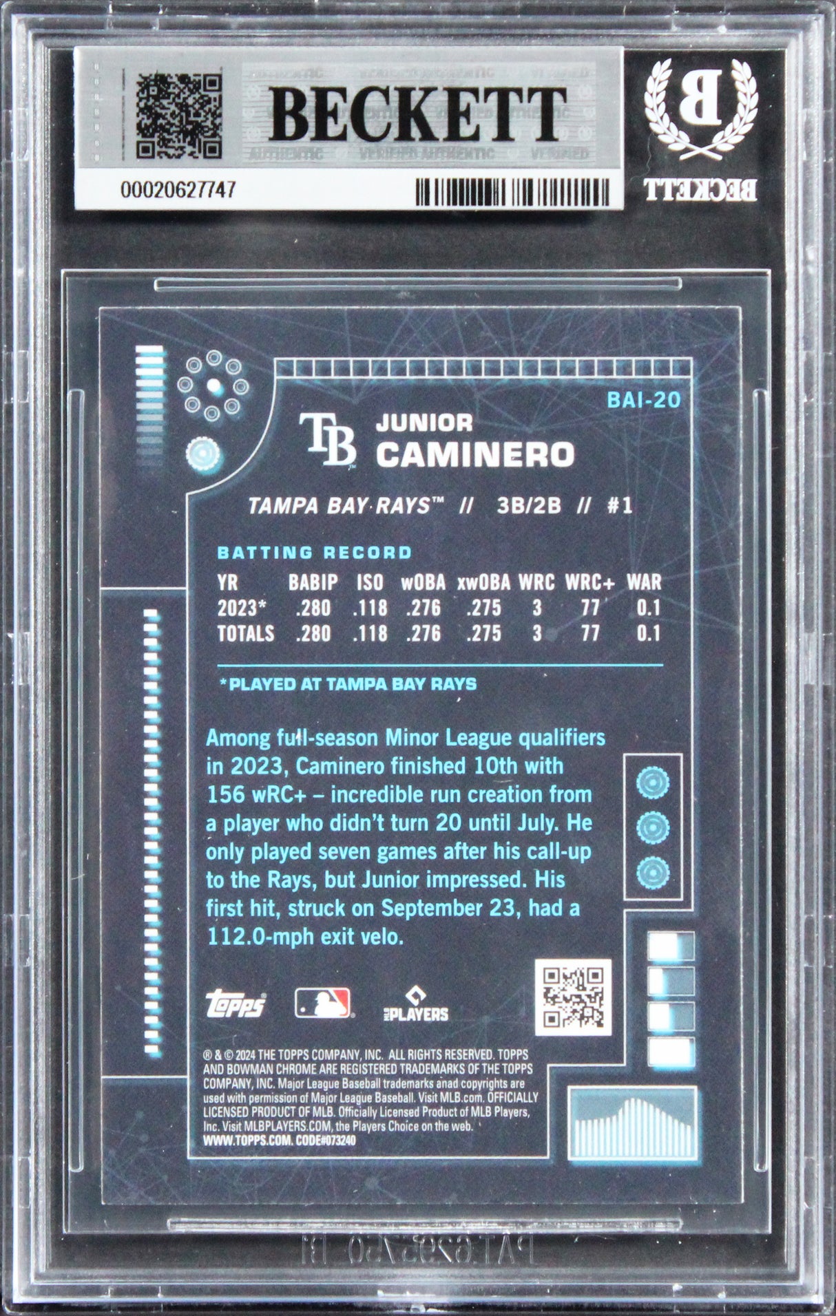 Rays Junior Caminero Signed 2024 Bowman Chrome #BAI20 RC Card Auto 10! BAS Slab