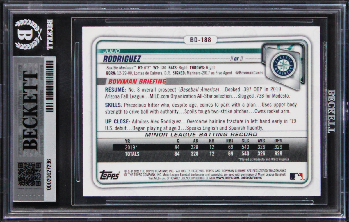 Mariners Julio Rodriguez Signed 2020 Bowman Chrome #BD188 Card Auto 10! BAS Slab