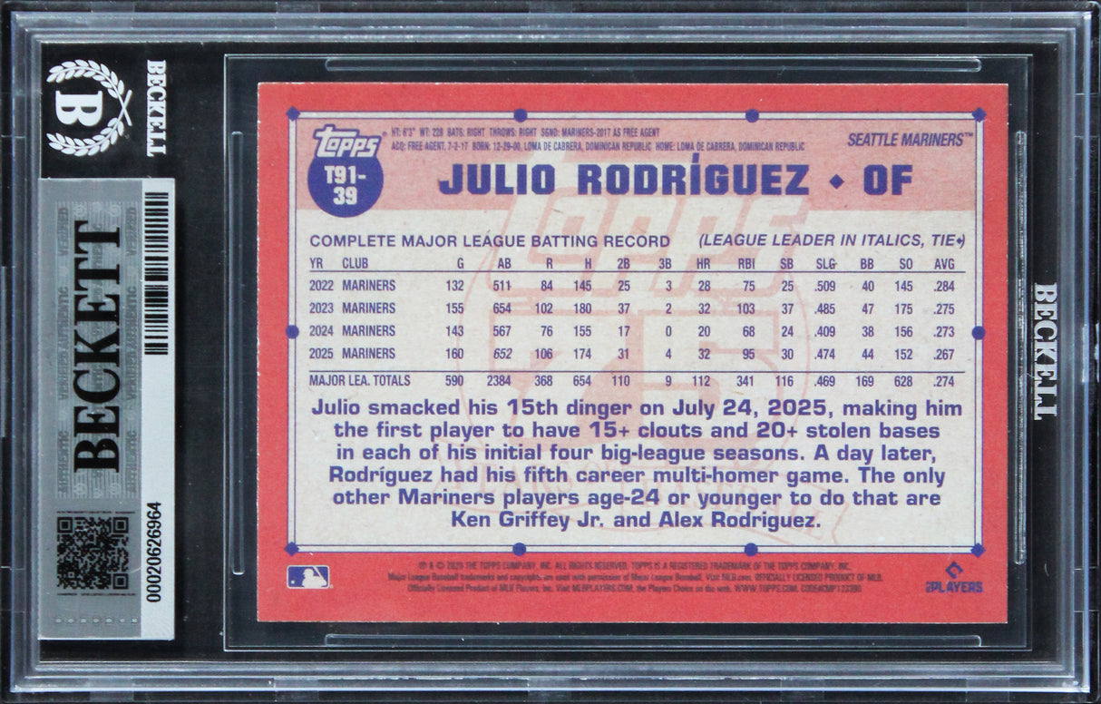 Mariners Julio Rodriguez Signed 2026 Topps #T9139 Card Auto GM 10! BAS Slabbed