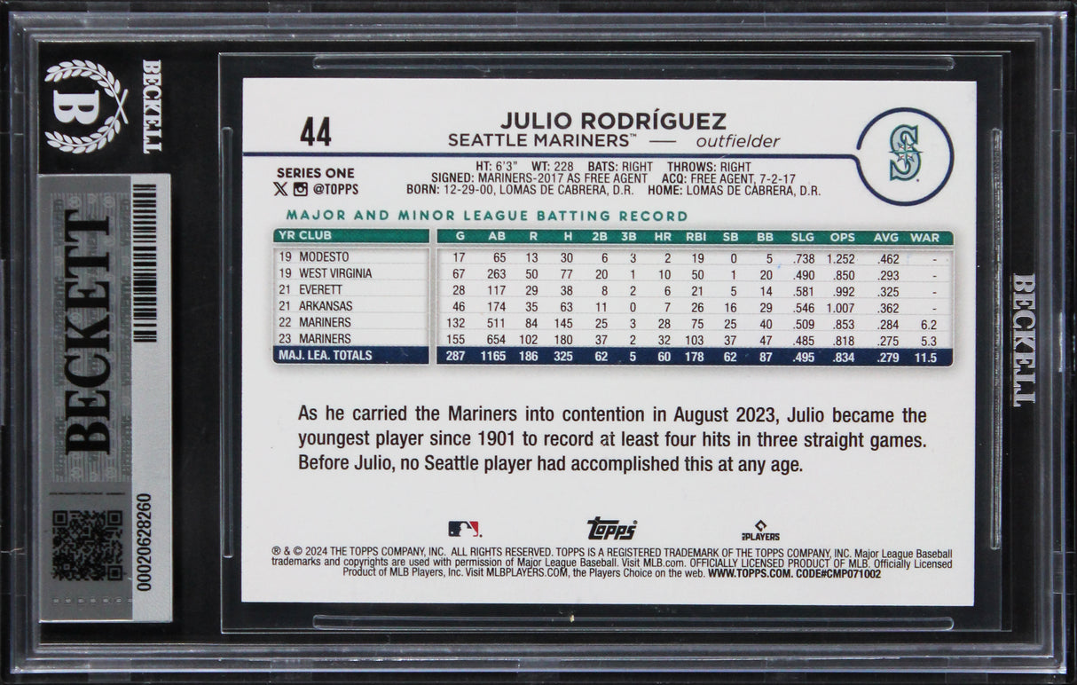 Mariners Julio Rodriguez Signed 2024 Topps Factory Set #44 Card Auto 10 BAS Slab