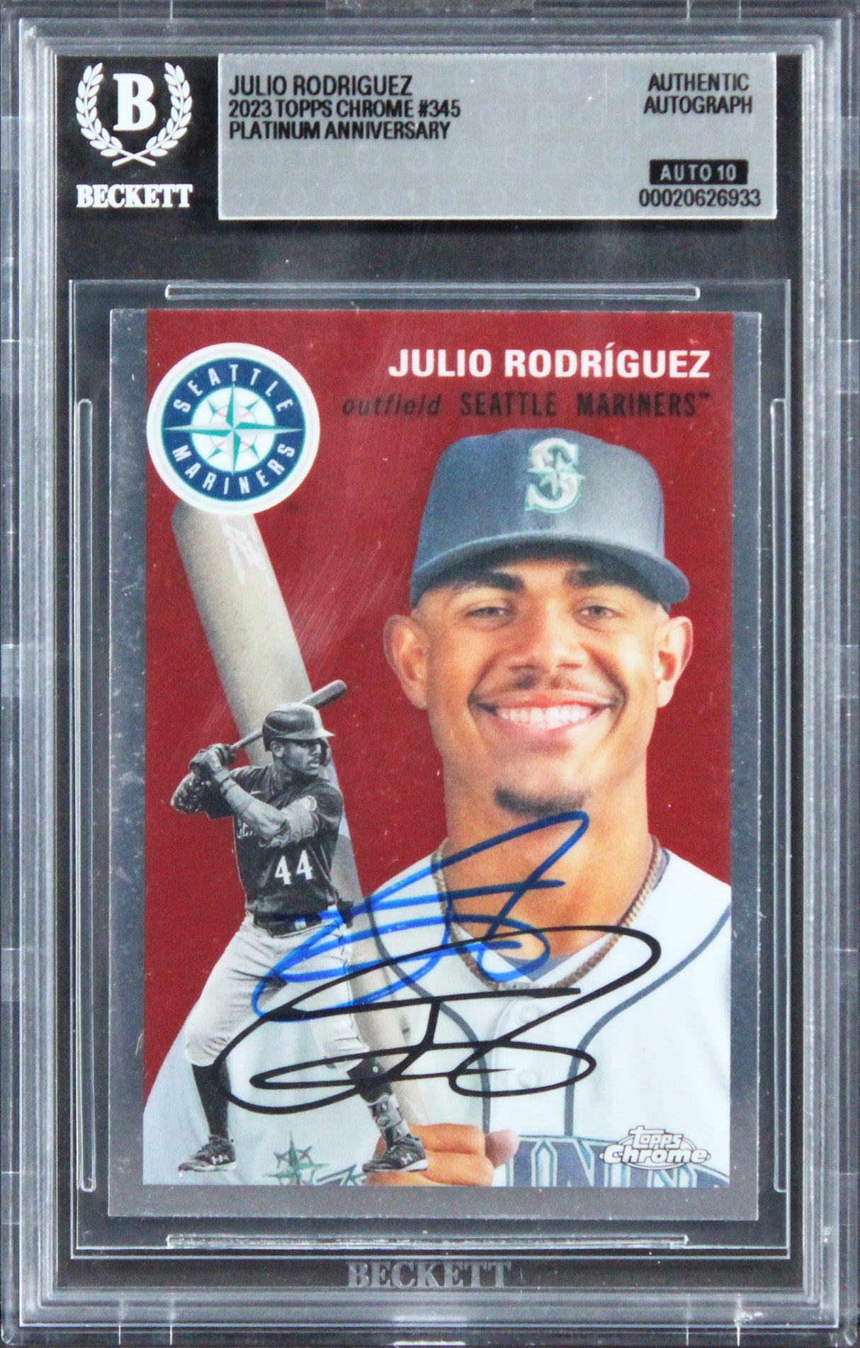 Mariners Julio Rodriguez Signed 2023 Topps Chrome #345 Card Auto 10! BAS Slabbed