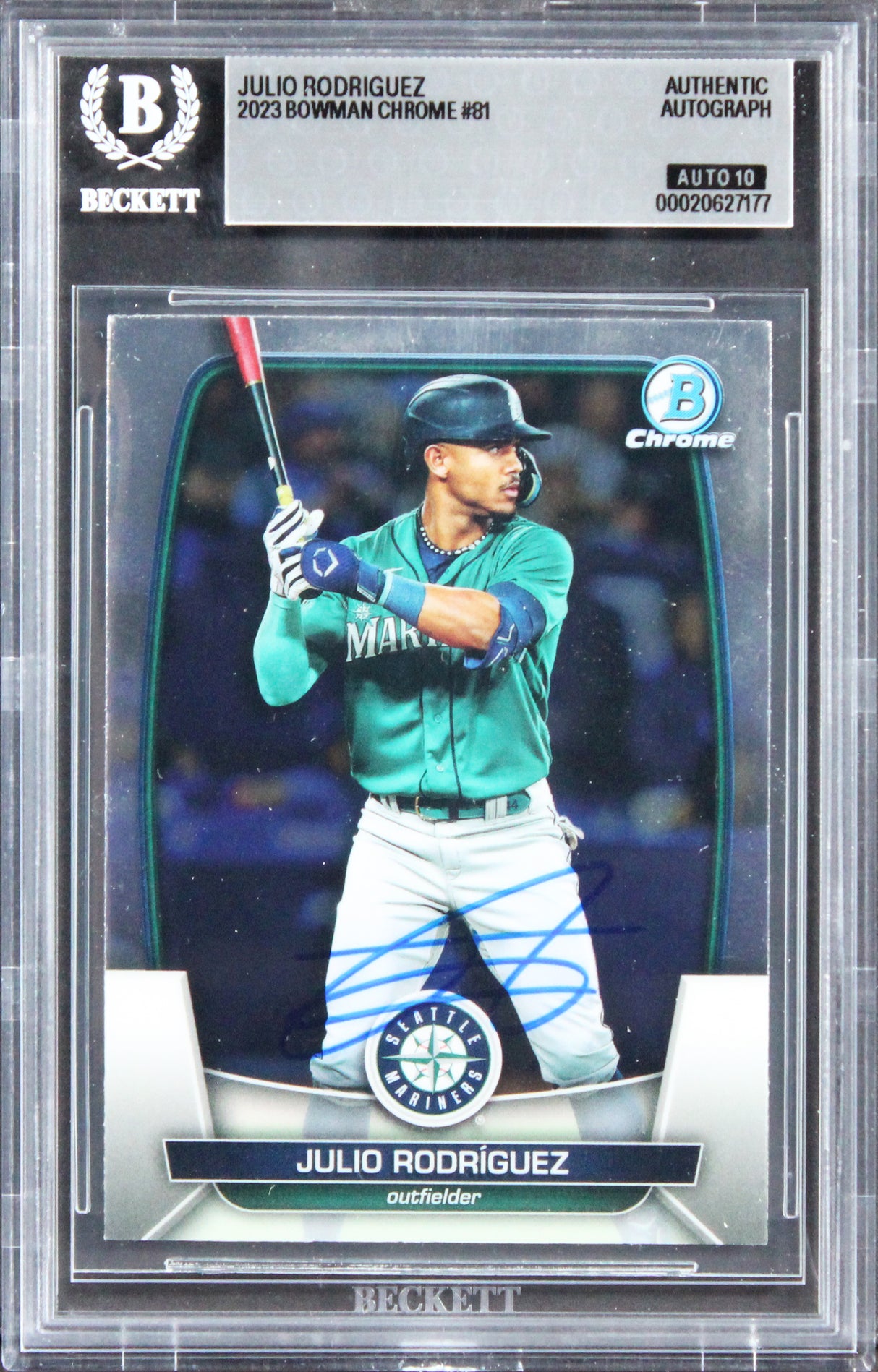 Mariners Julio Rodriguez Signed 2023 Bowman Chrome #81 Card Auto 10! BAS Slabbed