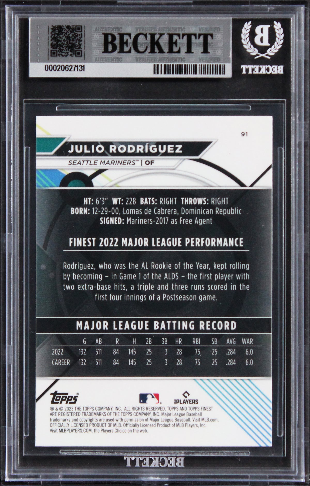 Mariners Julio Rodriguez Signed 2023 Topps Finest #91 Card Auto 10! BAS Slabbed