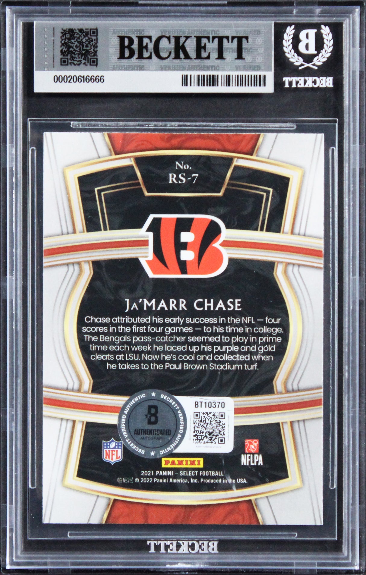 Bengals Ja'Marr Chase Signed 2021 Select #7 Rookie Card Auto GM 10! BAS Slabbed