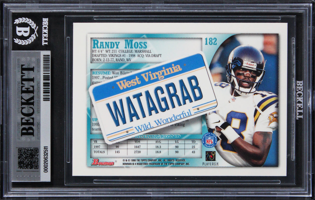 Vikings Randy Moss Signed 1998 Bowman Interstate #182 RC Card Auto 10! BAS Slab