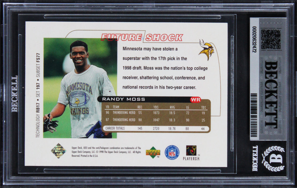 Vikings Randy Moss Authentic Signed 1998 UD3 #197 RC Card Auto GM 10! BAS Slab