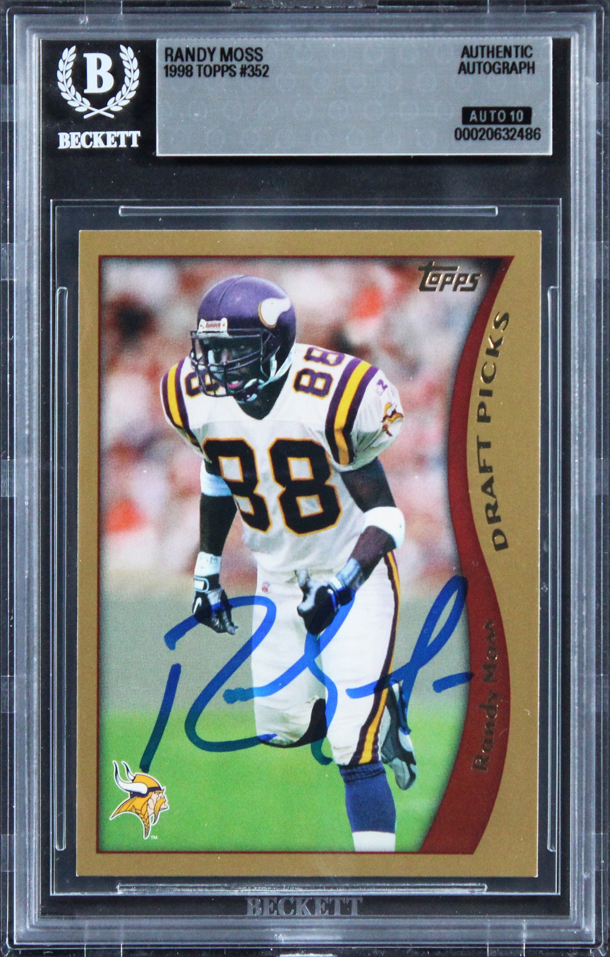 Vikings Randy Moss Signed 1998 Topps #352 Rookie Card Auto Grade 10! BAS Slabbed