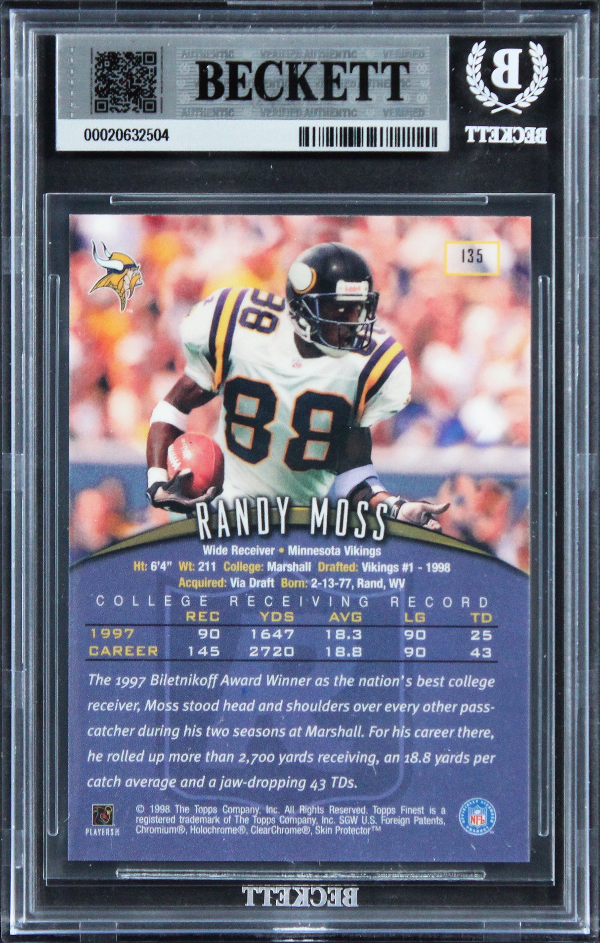 Vikings Randy Moss Signed 1998 Topps Finest #135 Rookie Card Auto 10! BAS Slab