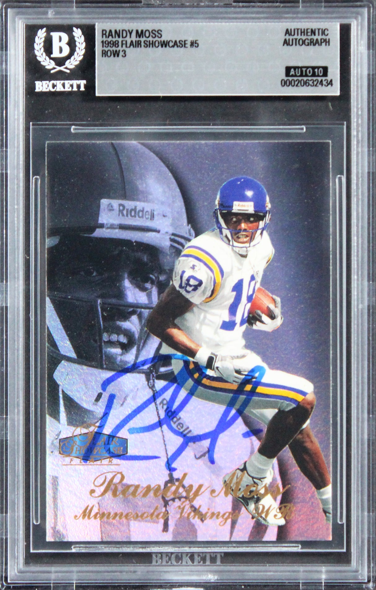 Vikings Randy Moss Signed 1998 Flair Showcase #5 Rookie Card Auto 10! BAS Slab