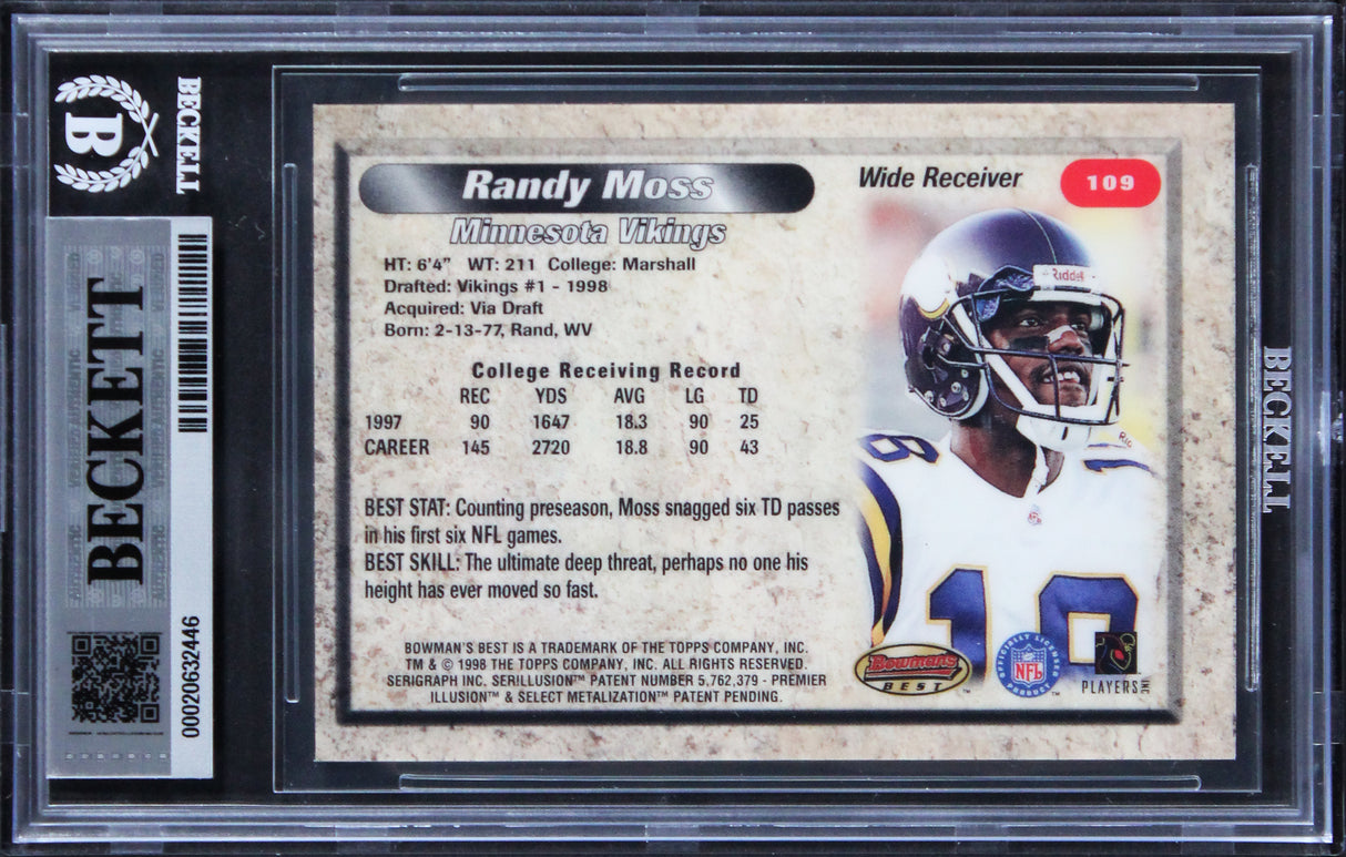 Vikings Randy Moss Signed 1998 Bowman's Best #109 Rookie Card Auto 10! BAS Slab
