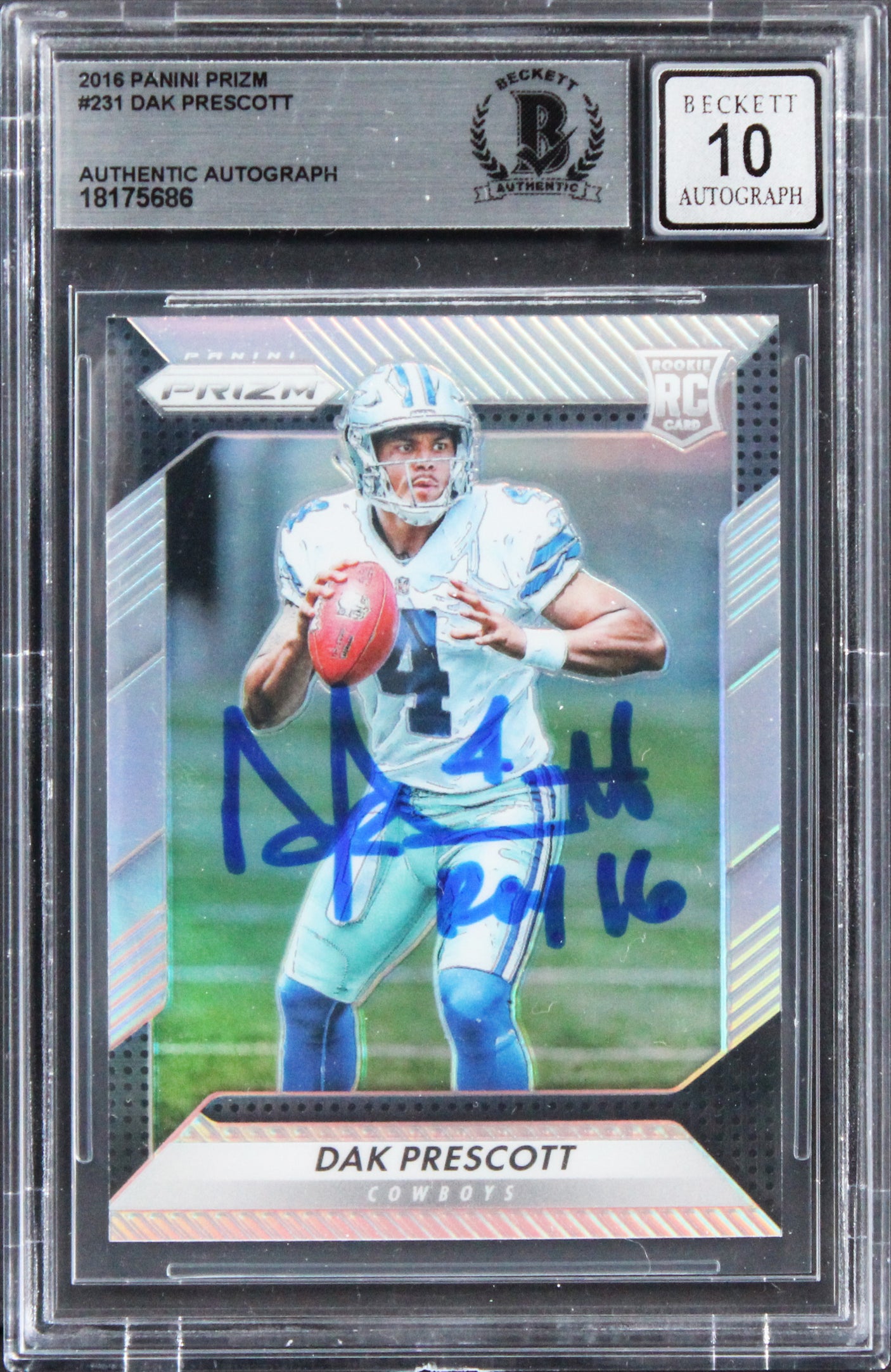 Dak Prescott "ROY 16" Signed 2016 Panini Prizm #231 RC Card Auto 10! BAS Slabbed