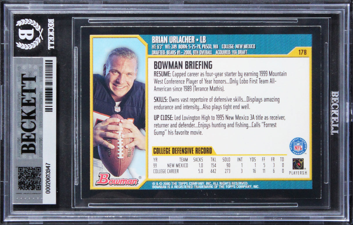 Bears Brian Urlacher "HOF 18" Signed 2000 Bowman #178 Rookie Card BAS Slabbed