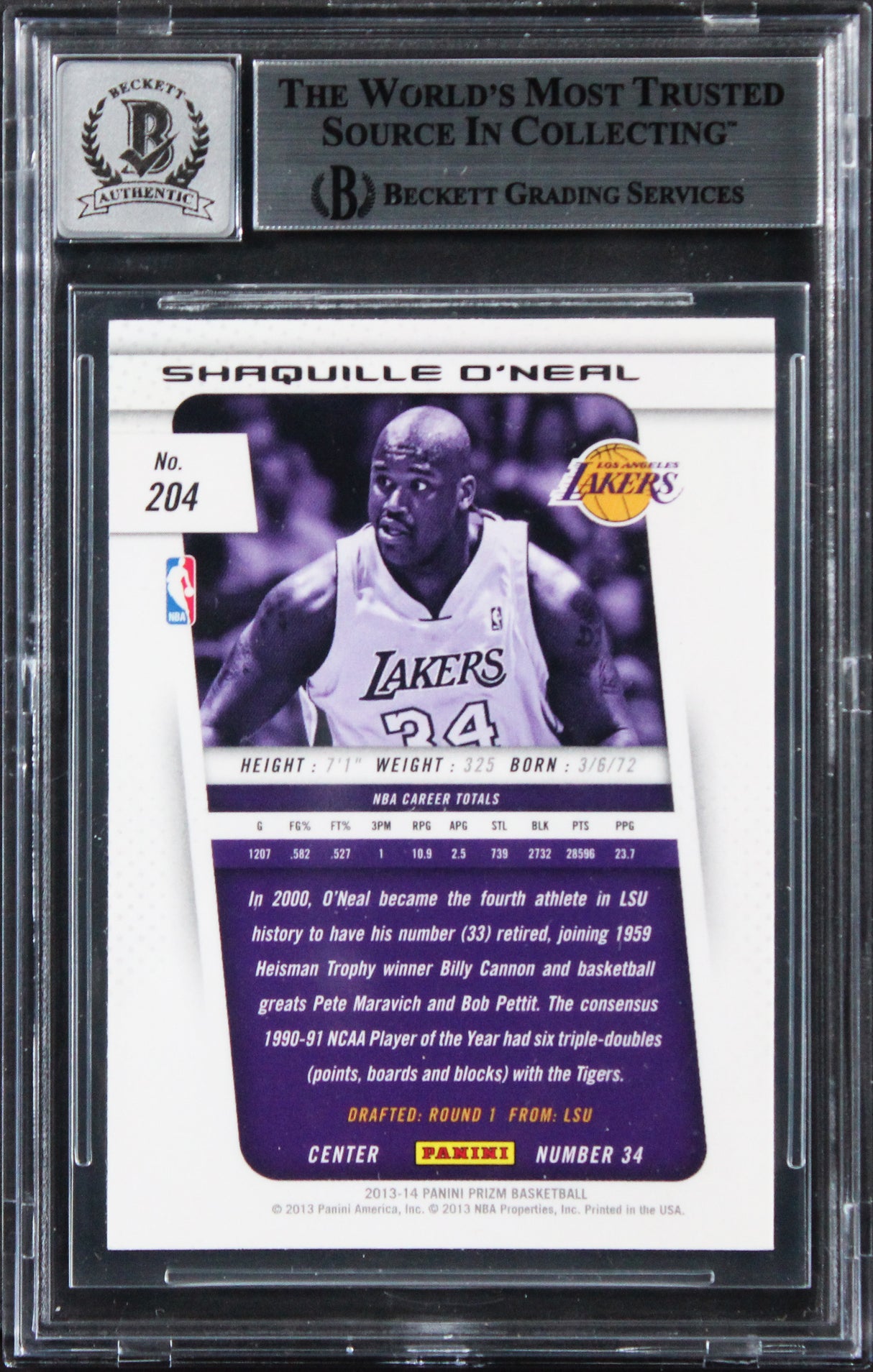 Lakers Shaquille O'Neal Signed 2013 Panini Prizm #204 Card Auto 10! BAS Slabbed
